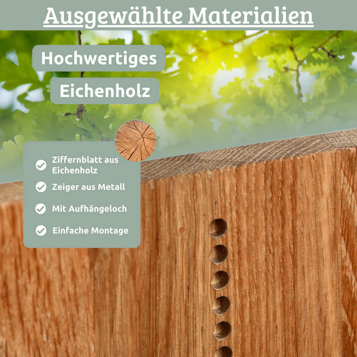 WANDUHR groß Holz INA EICHENHOLZ 39x39 cm Massivholz Geräuschlos - Braun, Holz (39/39/2cm) - DELUKE