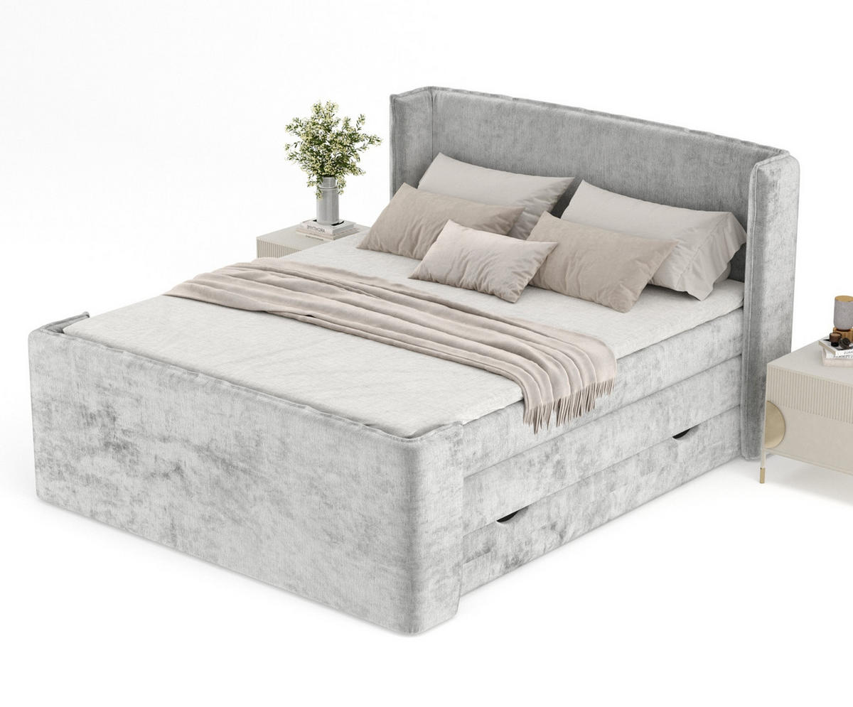 BOXSPRINGBETT Freeland Hellgrau 160/200 cm mit Matratze und Topper - Hellgrau/Schwarz, Holz/Holzwerkstoff (160/200cm) - Maison de Reve