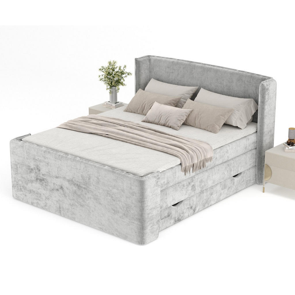 Thumbnail - Maison de Reve Boxspringbett, Hellgrau, Textil, Buche, Kiefer, H3, Höhe ca. 37 cm, 200x200 cm, Oeko-Tex® Standard 100, F...