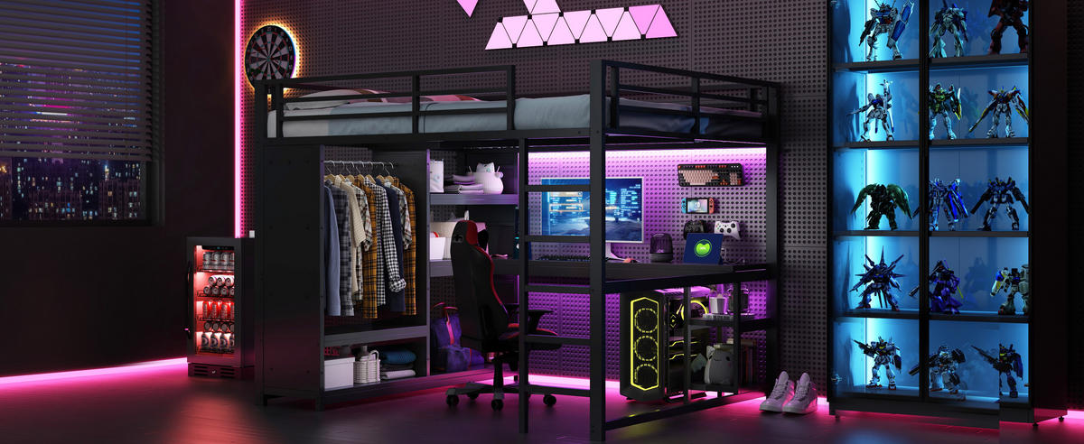 HOCHBETT 160x200 cm mit Schreibtisch, Kleiderschrank und LED-Beleuchtung, Ladestation, metall, schwarz - Schwarz, Metall (160/200cm)