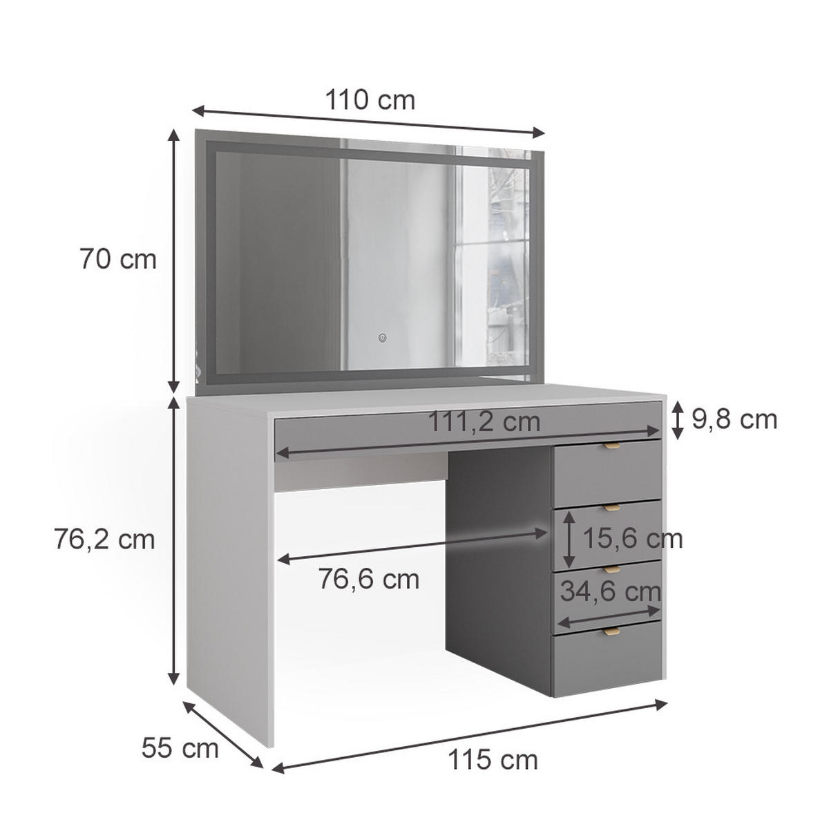 SCHMINKTISCH Elise Weiß/Grau/Grau 115 cm mit LED-Spiegel - Weiß/Grau, Holzwerkstoff (115/76/55cm) - Vicco