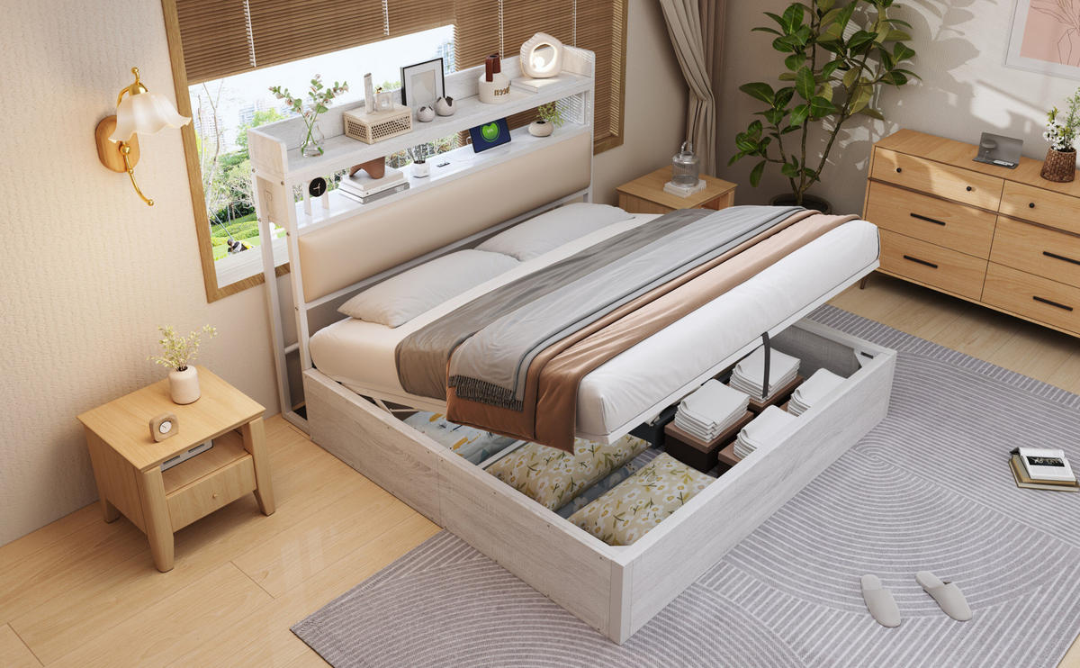 BETT 180/200 cm Weiß aus Metall/Stoff/MDF mit Stauraum und USB - Weiß, Metall (180/200cm) - OKMYHOME
