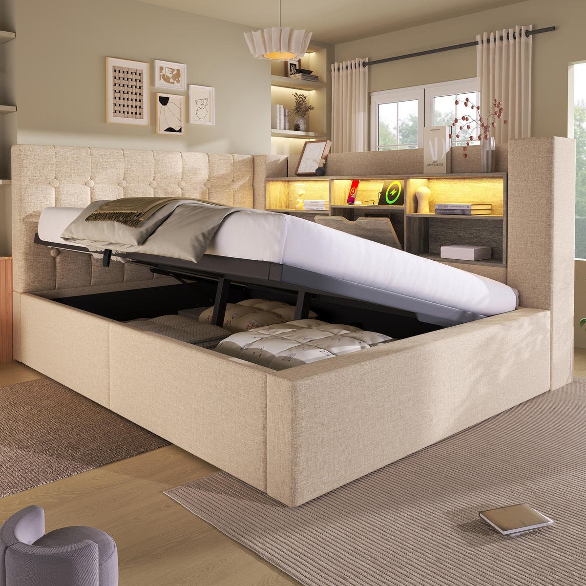 POLSTERBETT 140/190 cm Beige aus Leinen mit Stauraum Hydraulik und LED-Beleuchtung - Beige, Textil (140/190cm) - OKWISH