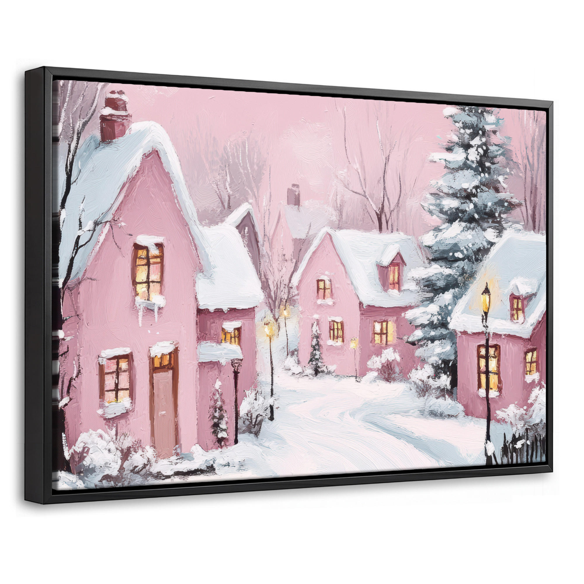 LEINWAND Bilder mit Rahmen - Weihnachtsdorf - Rosa - Winter - Schnee - Häuser - 30x20 - Altrosa, Textil (30/20cm) - MuchoWow