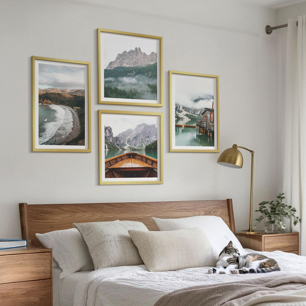 BILDER SET 4er Set - 50x50 cm & 40x60 cm Goldrahmen - Holzhausboot an Bergstränden - Goldfarben, Kunststoff (50/50cm) - TULUP