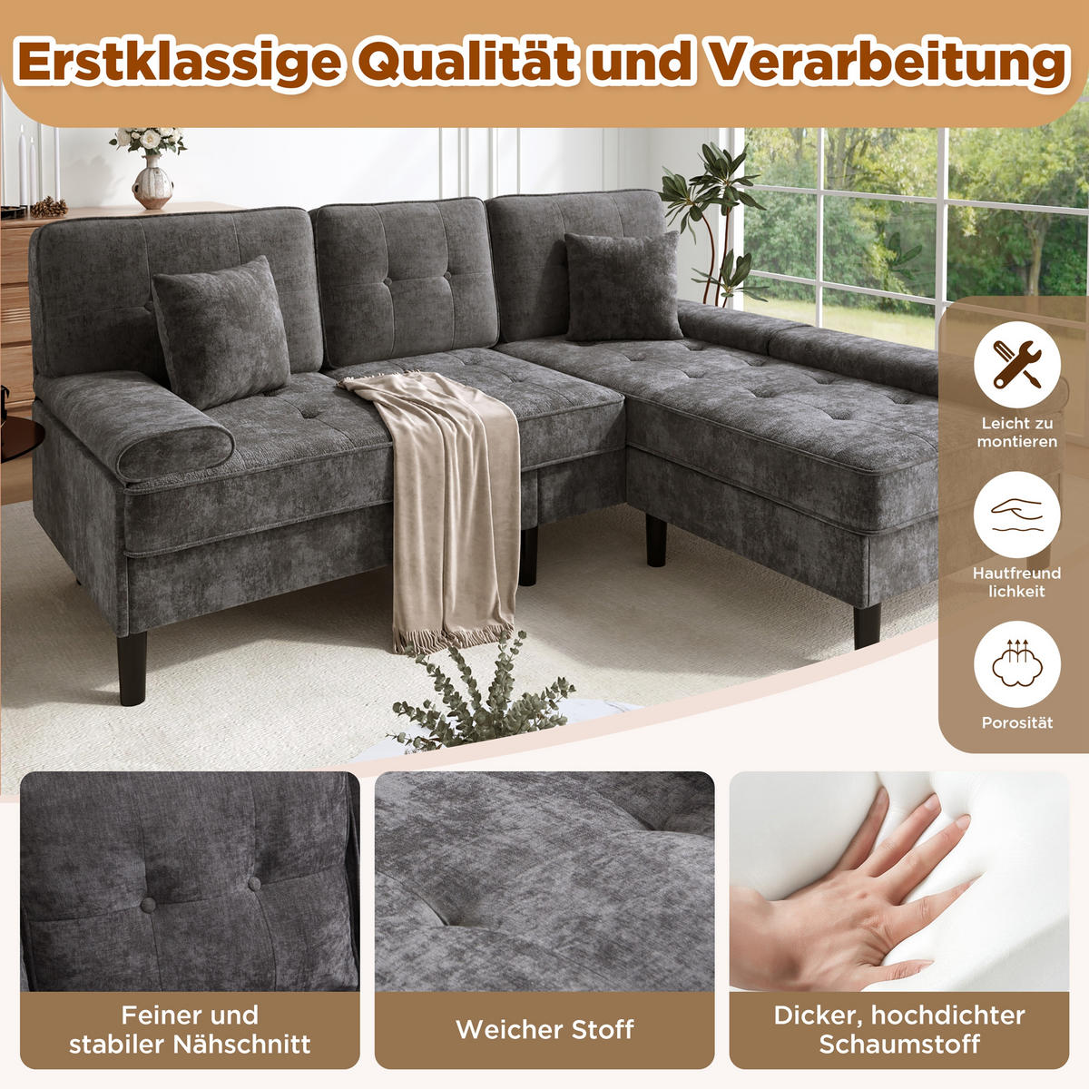ECKSOFA Chenille mit modularer Fußbank 195/149/86 cm Grau - Grau, Textil (149/195cm) - Redom