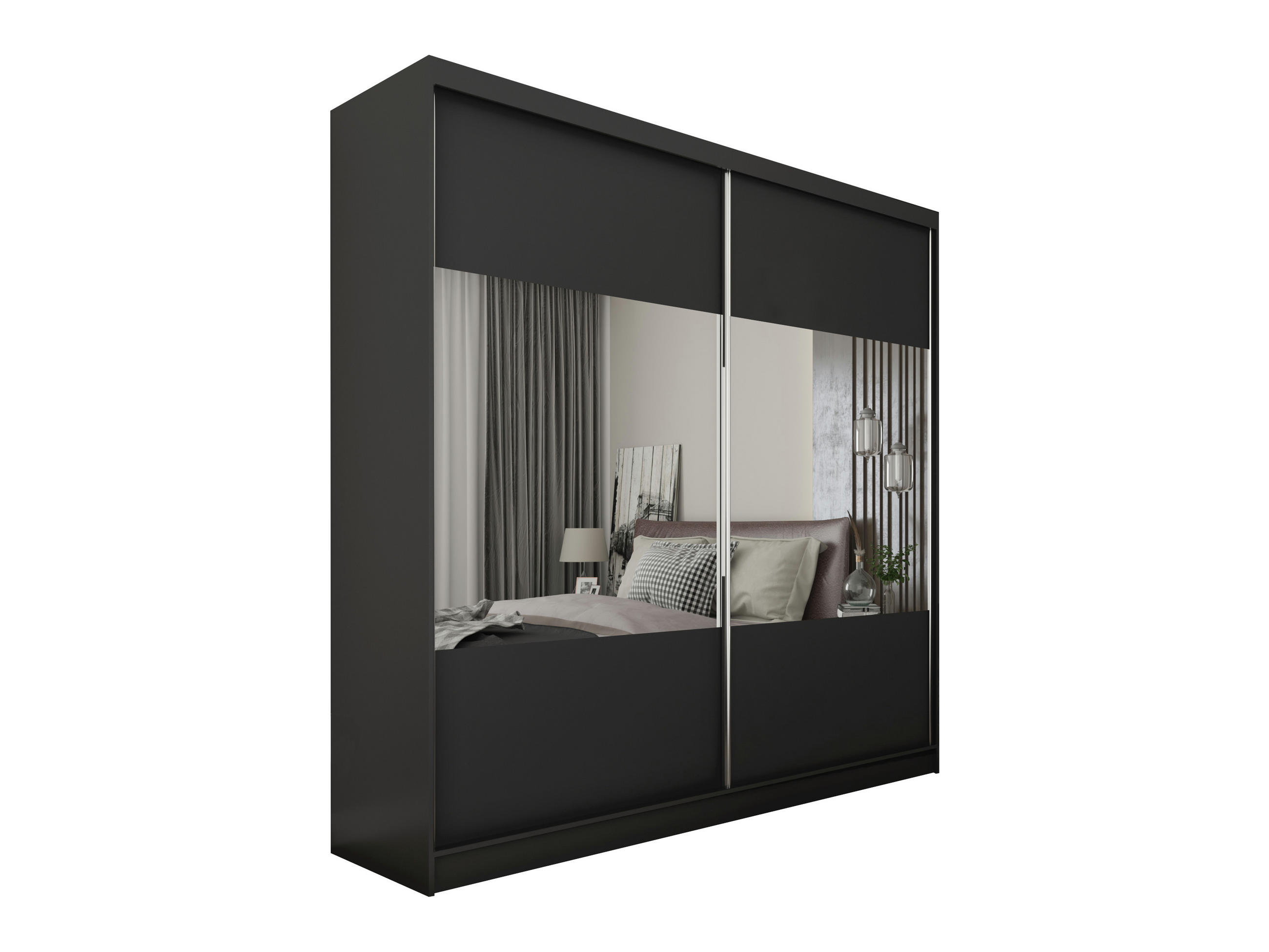 KLEIDERSCHRANK mit Spiegel-Schiebetüren und Aluminium-Leisten - CELI - 200 cm Schwarz - Schwarz, Holzwerkstoff (200/216/61cm) - ALTDECOR