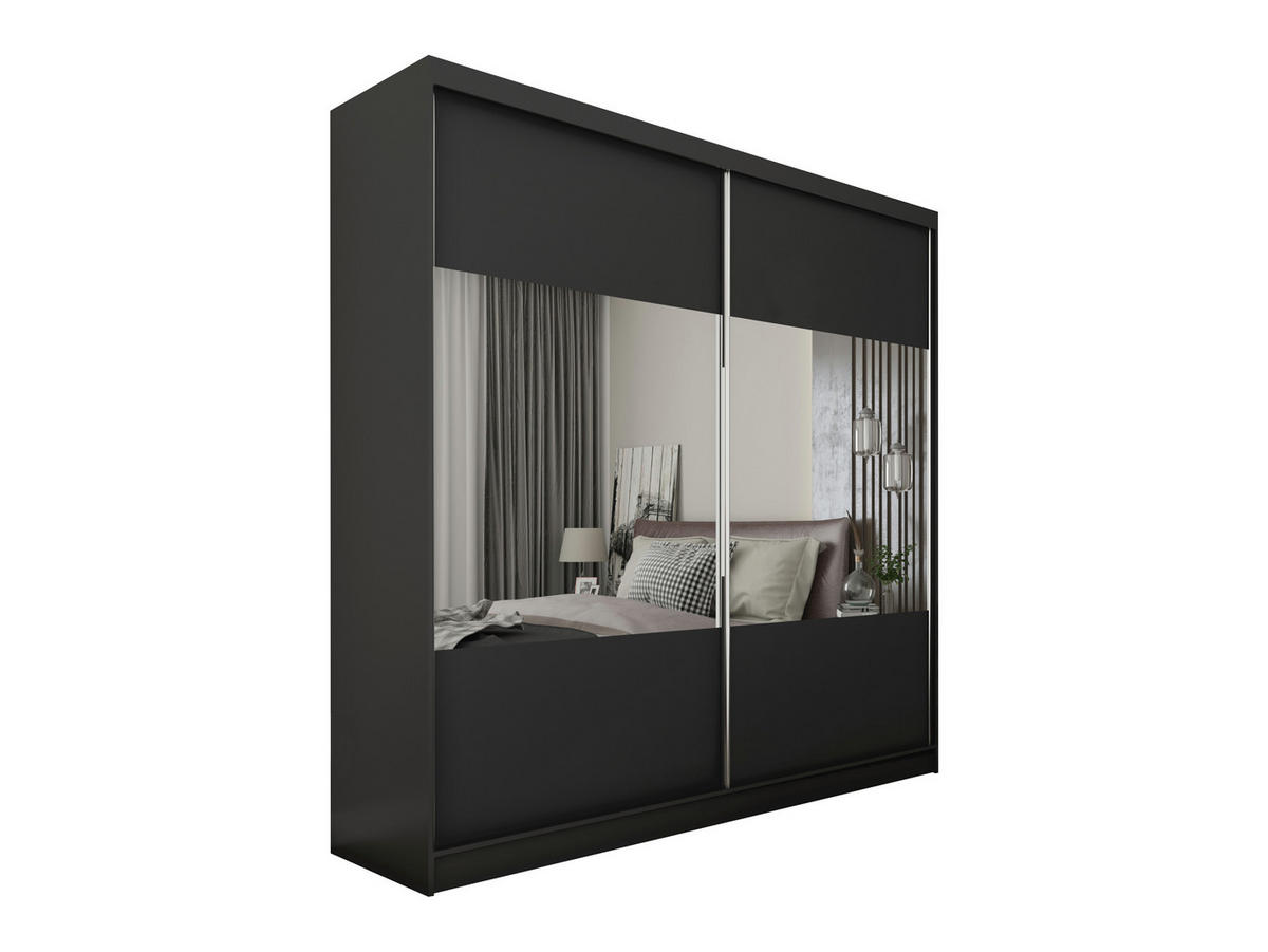 KLEIDERSCHRANK mit Spiegel-Schiebetüren und Aluminium-Leisten, LED-Beleuchtung - CELI - 200 cm Schwarz - Schwarz, Holzwerkstoff (200/216/61cm) - ALTDECOR