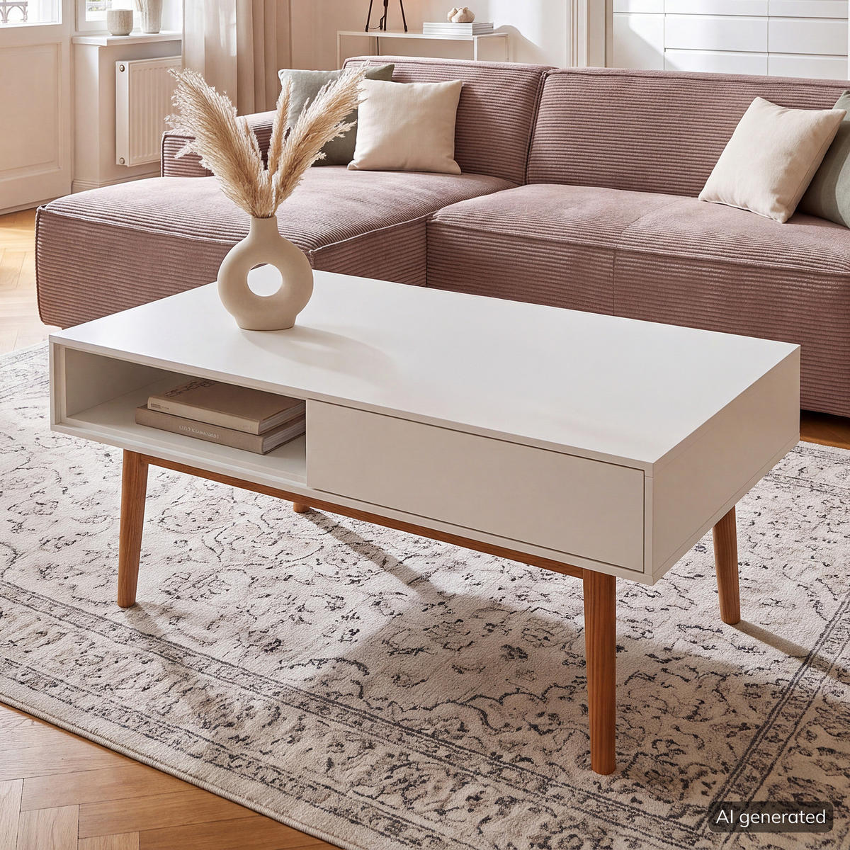COUCHTISCH mit 2 Schubladen - Weiß / Eiche - Eichefarben/Weiß, Eichenholz/Holz (60/100/45cm) - home24