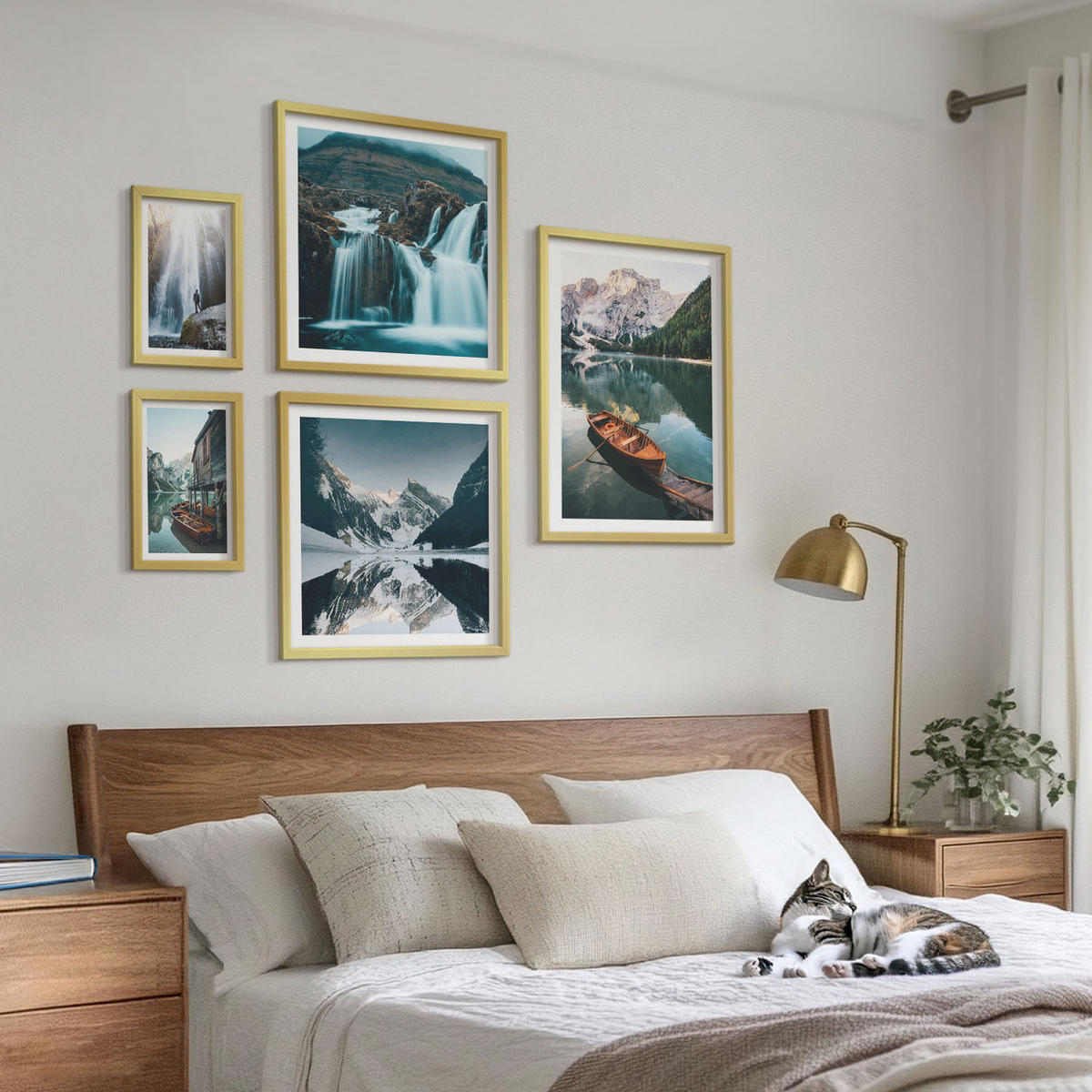 WANDBILDER 5er Set - 50x50 cm & 20x30 cm & 40x60 cm Goldrahmen - Spiegelung der Boote auf Bergseen - Goldfarben, Kunststoff (40/60cm) - ArtPrintCave