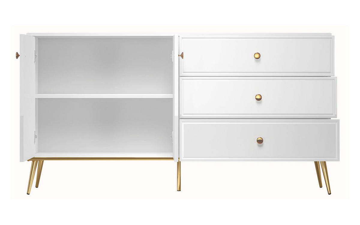 SIDEBOARD Goldin weiß / weiß hochglanz / gold 160 / 40 / 85cm - Weiß Hochglanz/Weiß, Holz/Holzwerkstoff (160/85/40cm) - Feldmann-Wohnen