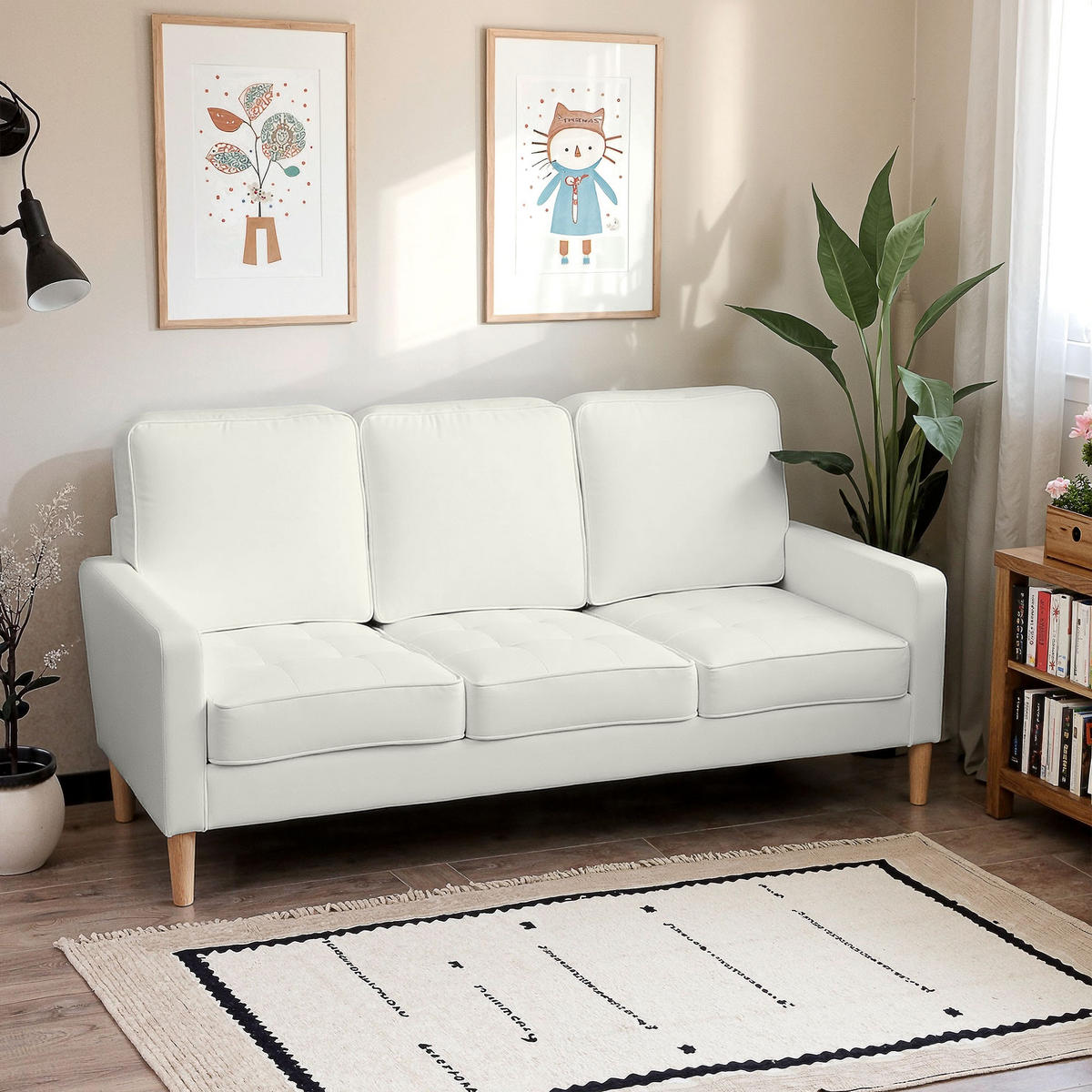 3-SITZER Sofa, Couch mit Armlehnen, Getufteter Rückenlehne, Samtoptik, Creme - Creme/Naturfarben, Holz/Textil (79/82/185cm) - HOMCOM
