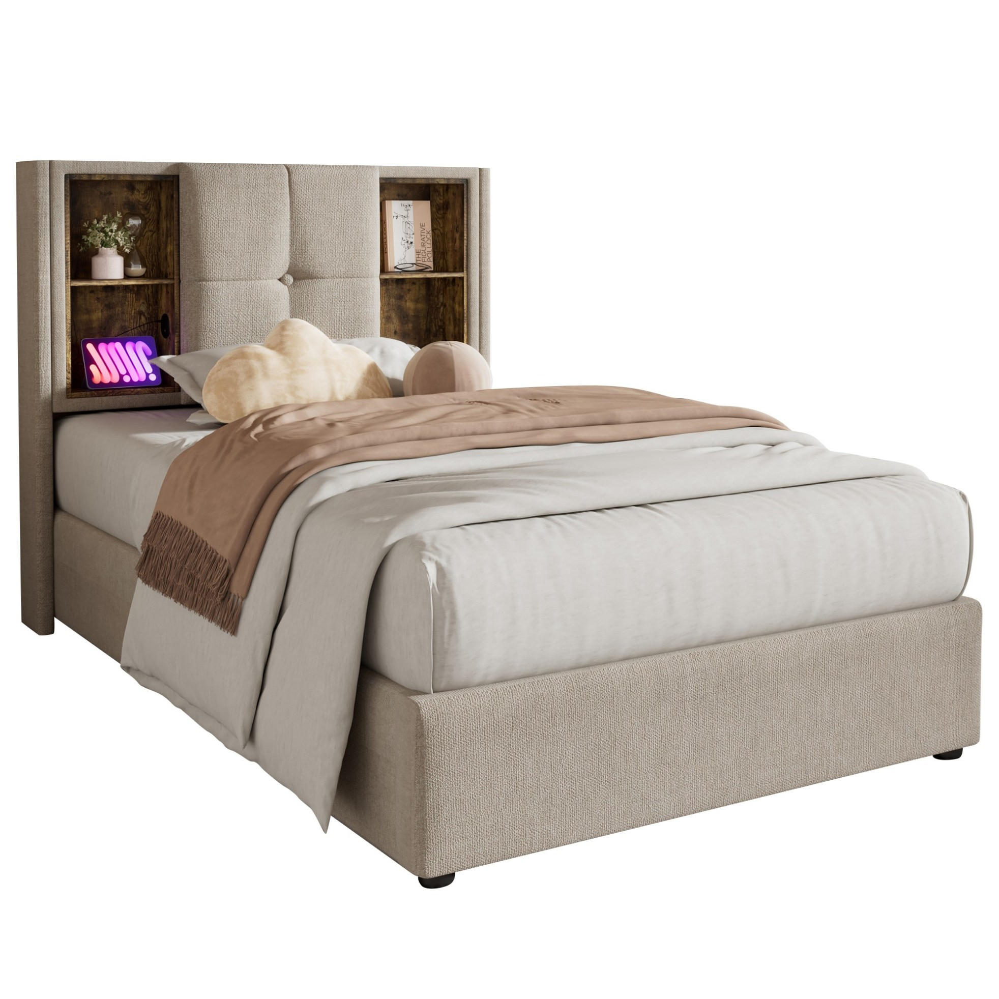 POLSTERBETT 90/200 cm Natur mit Stauraum, USB- und Type-C-Anschlüssen - Naturfarben, Textil (90/200cm) - Flora Grace