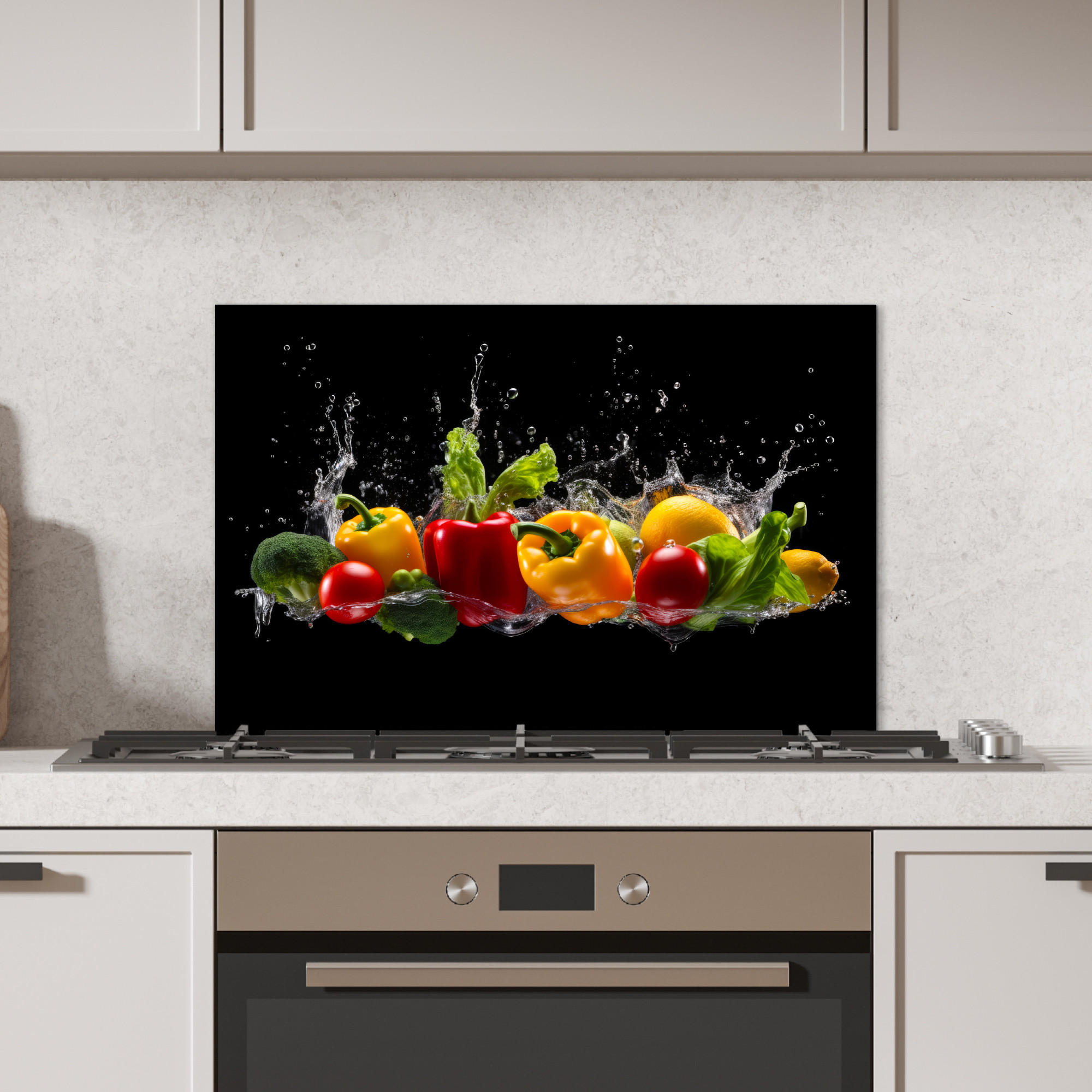 SPRITZSCHUTZ KÜCHE Paprika - Wasser - Gemüse - Schwarz 60x40 cm - Multicolor, Metall (60/0.3/40cm) - MuchoWow