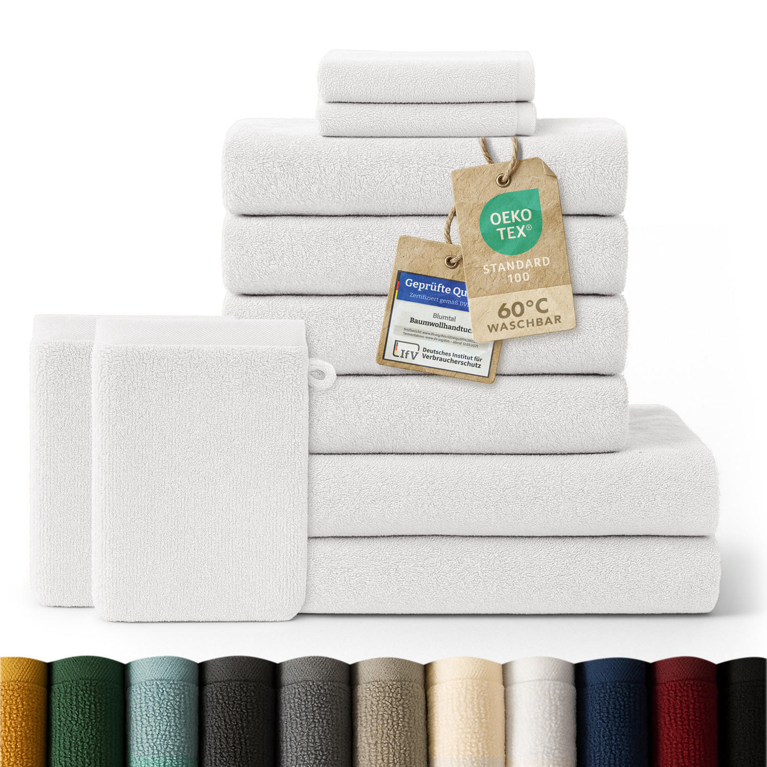 HANDTUCH 8-teilig, 2x Badetuch 70/140 + 4x Handtuch 50/100 + 2x Gästetuch 30/30 + 2x Waschlappen 15/20 cm, Weiß - Weiß, Textil (70/140cm) - Blumtal