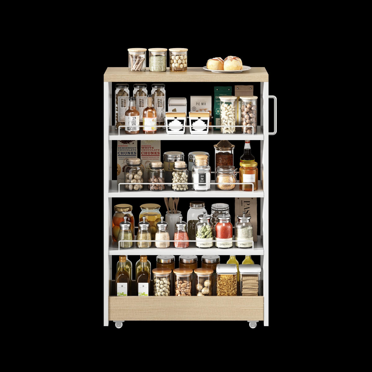 KÜCHENSCHRANK16 CM SCHMAL Küchenwagen auf Rollen, 55/16/85 cm, MDF, Weiß mit Holzoptik, MIT 4 VERSTELLBAREN REGALBÖDEN, für Küche und Bad - Weiß, Holzwerkstoff (16/85/55cm) - Rolipo