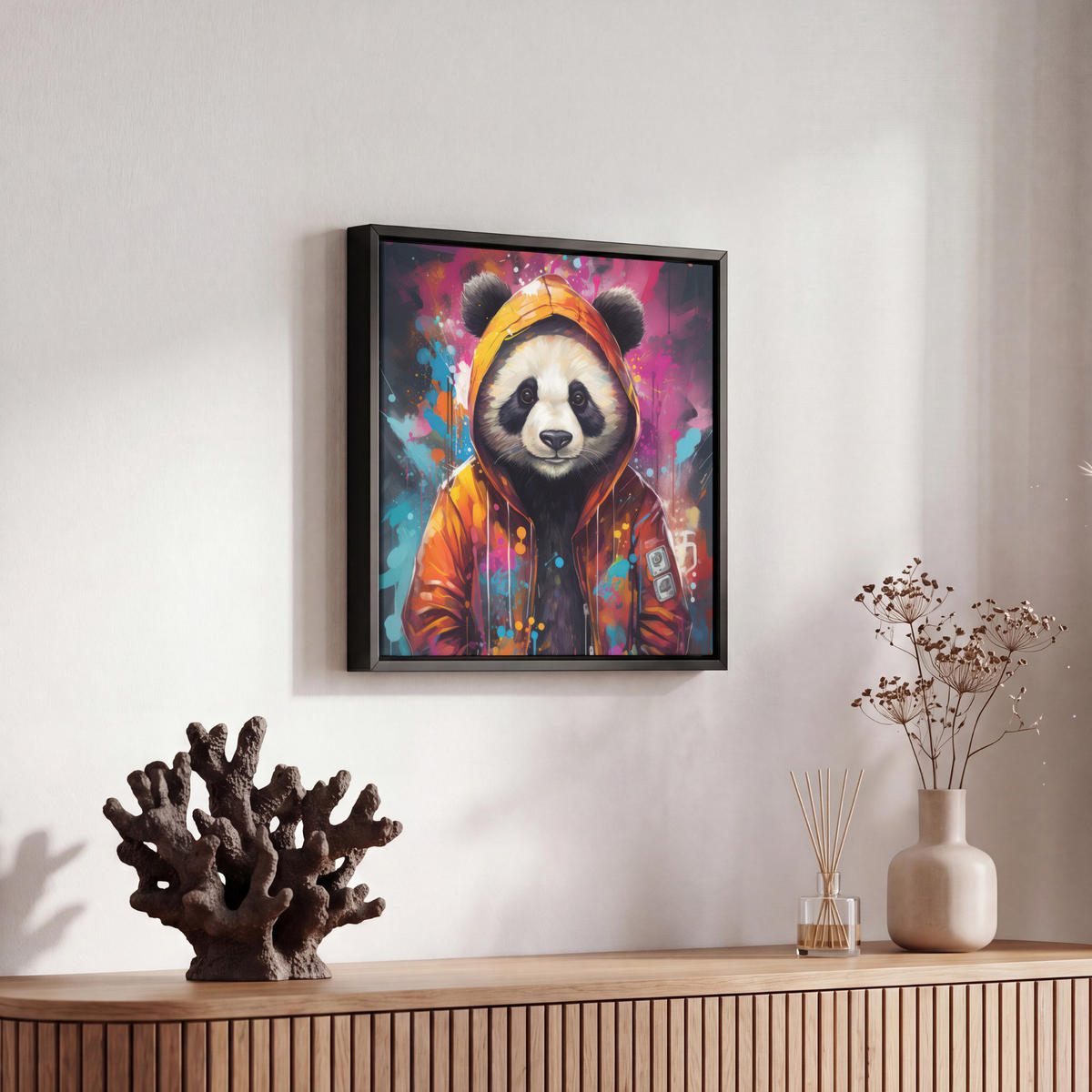 LEINWAND Bilder mit Rahmen - Panda - Jacke - Graffiti - Orange - 20x20 - Orange, Textil (20/20cm) - MuchoWow