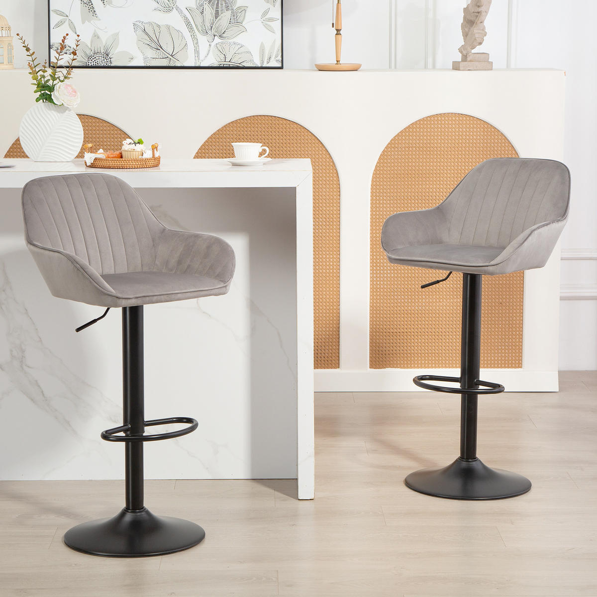 BARHOCKER 2er-Set DE-14770 höhenverstellbar & schwenkbar mit Veloursbezug Grau - Grau, Metall (50/107/50.5cm) - ComfortXL