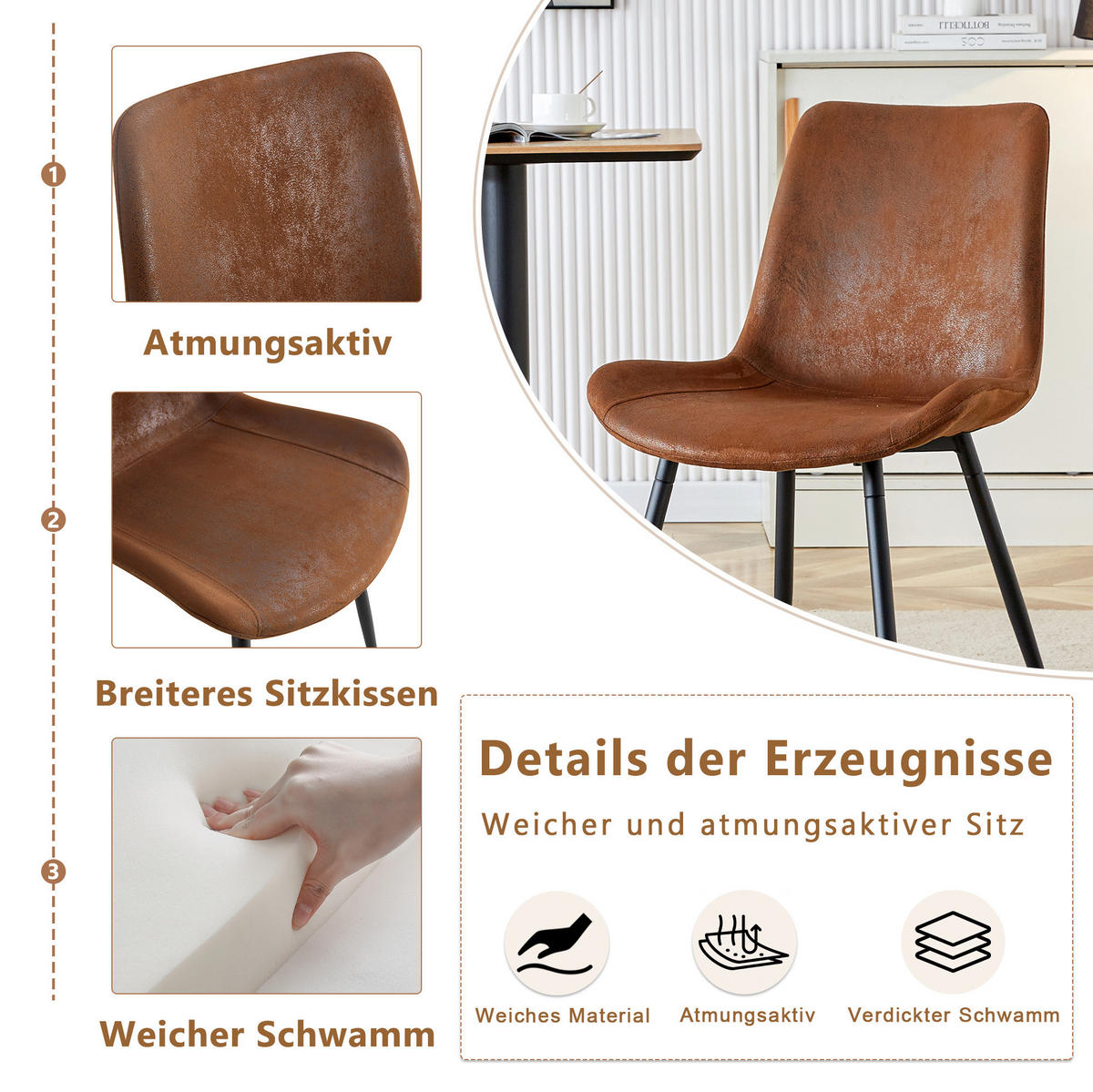 ESSZIMMERSTUHL 4er-Set Tech-Fabric Braun Metallgestell Schwarz - Braun, Metall (47/83/50cm) - Meubliv