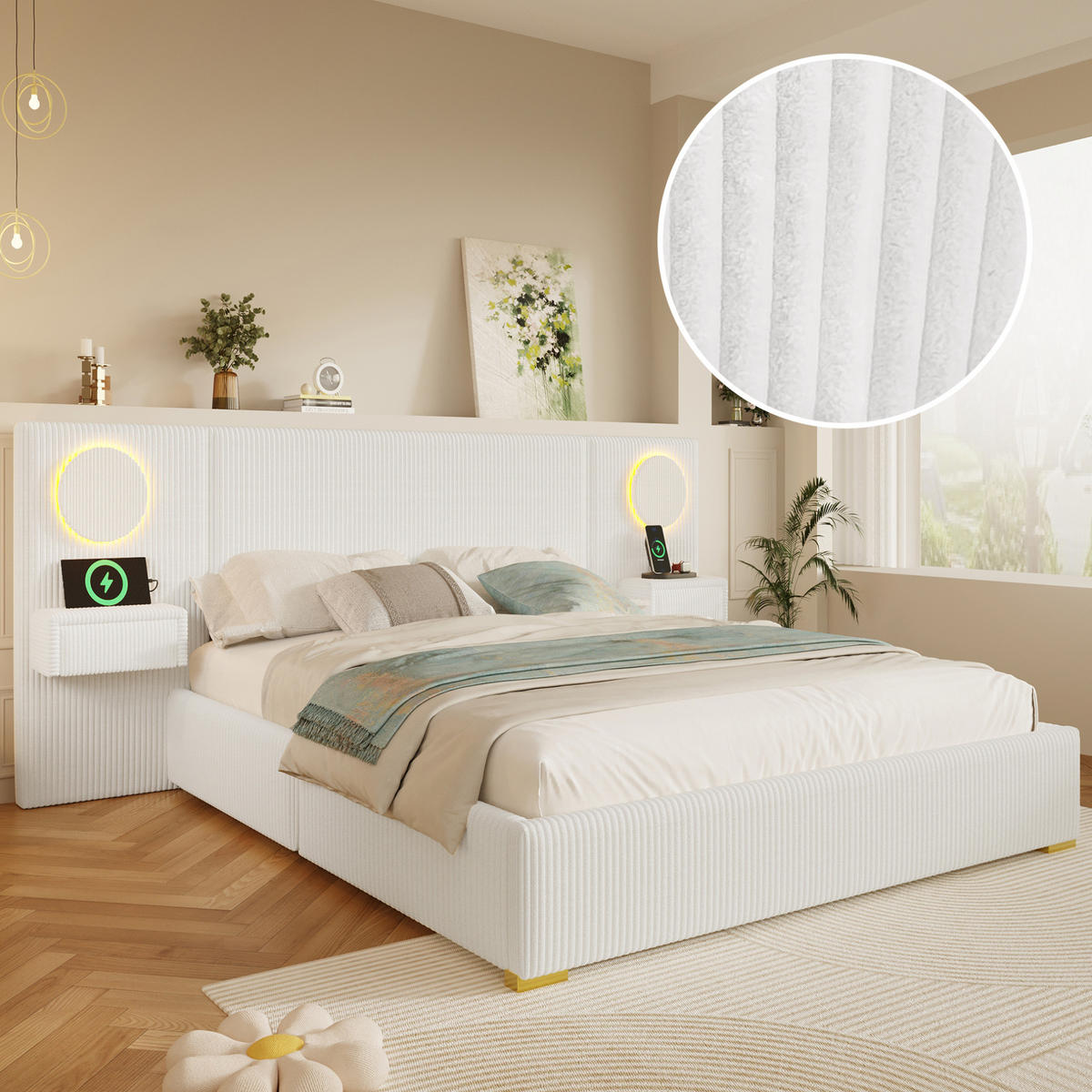 POLSTERBETT 180x200 cm in Beige mit LED-Kopfteil, USB-Anschlüssen und Nachttischen - Beige, Textil (180/200cm) - IVMEU