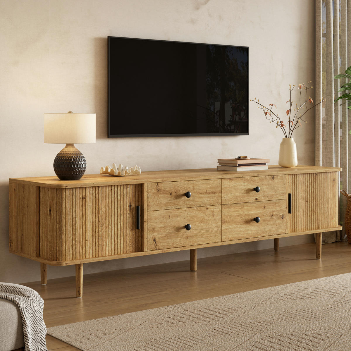 TV-LOWBOARD 165cm mit 4 Schubladen und 2 Schiebetüren - Naturfarben, Holzwerkstoff (165/46/40cm) - FLIEKS