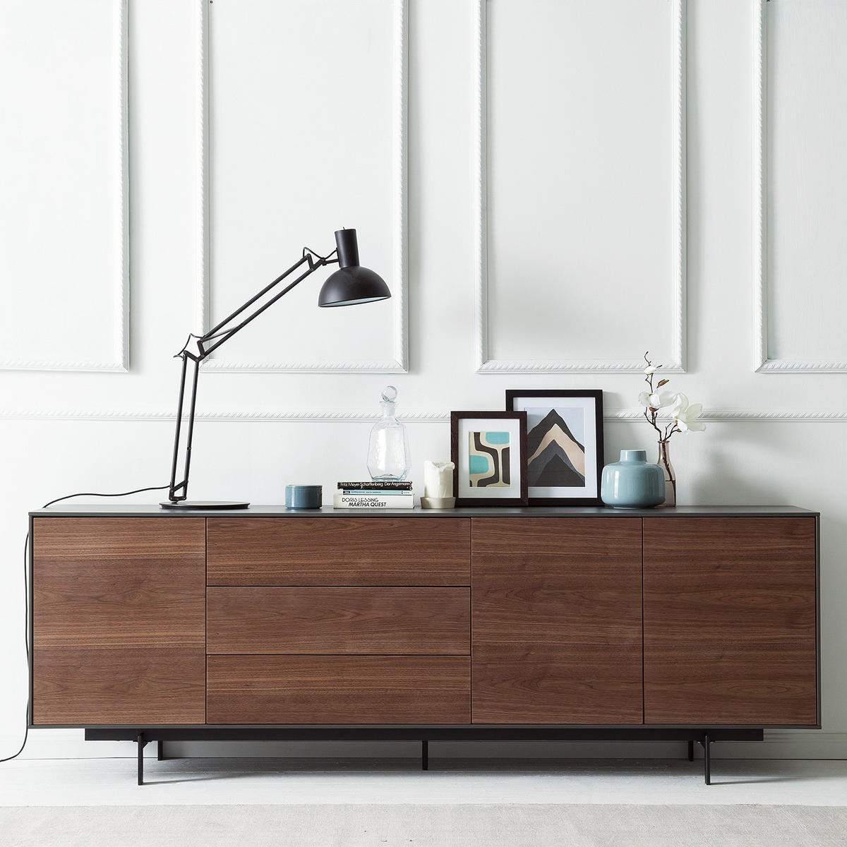 FURNIERTES SIDEBOARD - Dunkelgrau/Walnussfarben, Holzwerkstoff/Metall (208/72/45cm) - home24