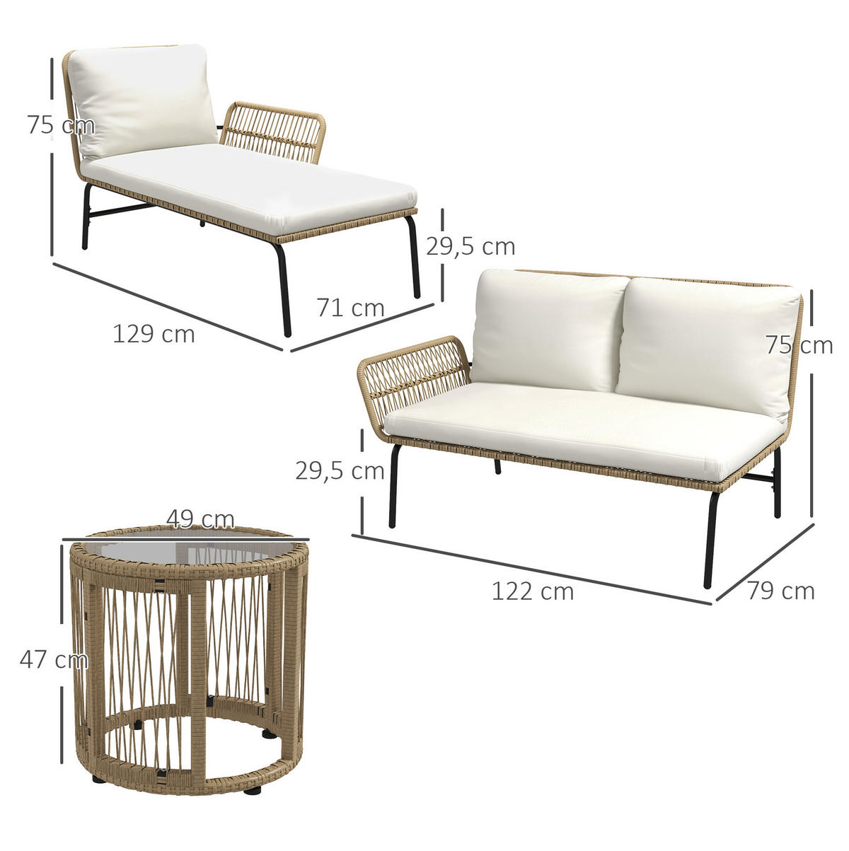 GARTENMÖBEL-SET 3-tlg. mit Sonnenliege, Zweisitzer und Tisch Cremeweiß - Weiß, Metall - Beauniv
