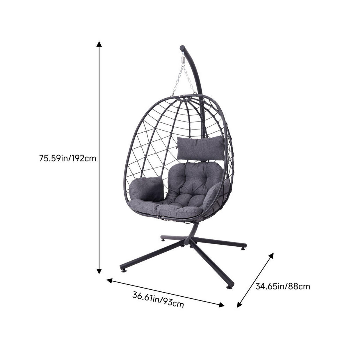 HÄNGESESSEL mit Kissen & Kopfstütze Eiförmig aus PE-Rattan, Eisen, Nylonseil in Schwarz Robuste Wetterbeständig Einfache Montage 93 x 88 x 192 cm - Schwarz, Metall (93/192/88cm) - Livingandhome
