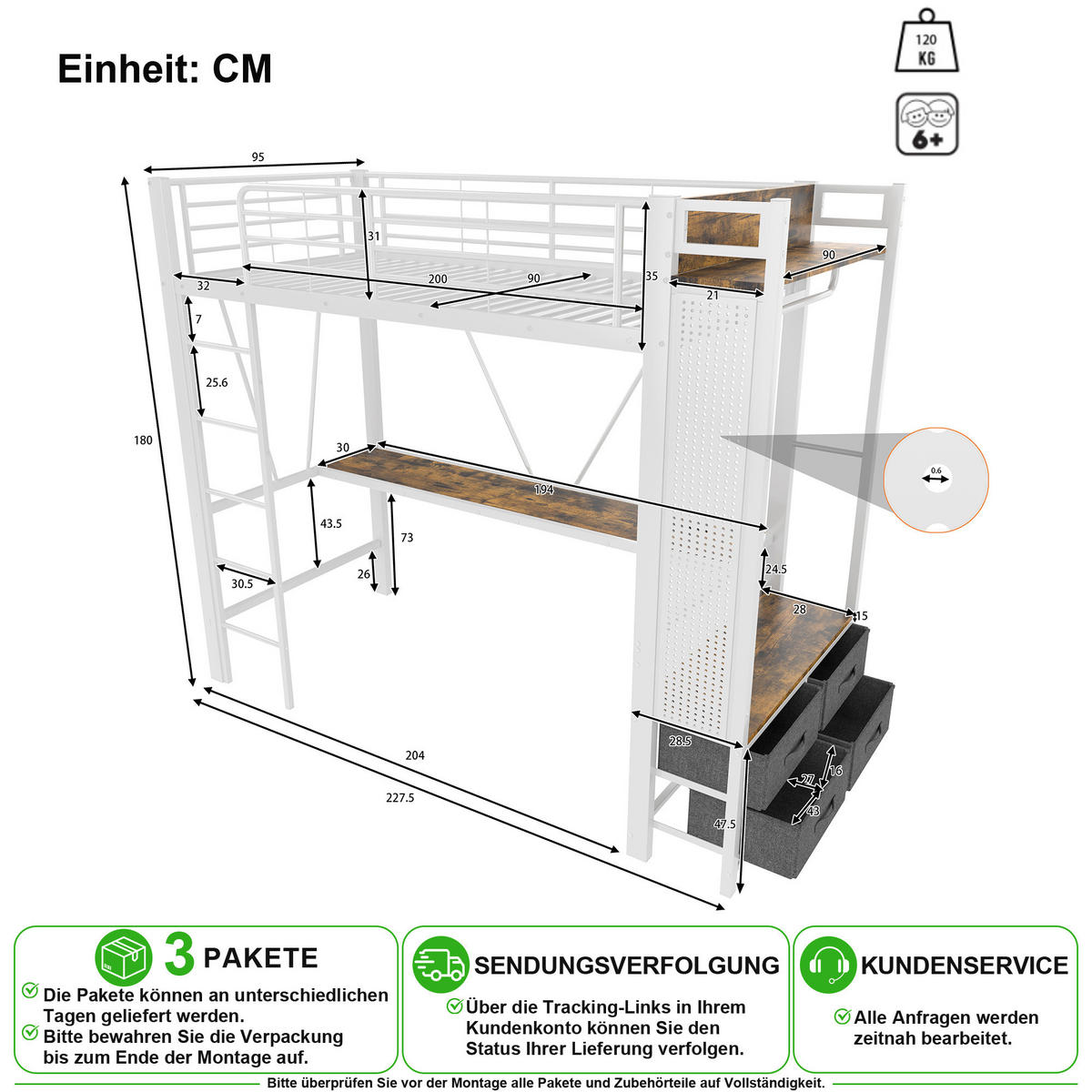 HOCHBETT 90/200 cm in Weiß mit Schreibtisch, 4 Schubladen, LED und USB - Weiß, Holzwerkstoff/Metall (90/200cm) - CHICFURN