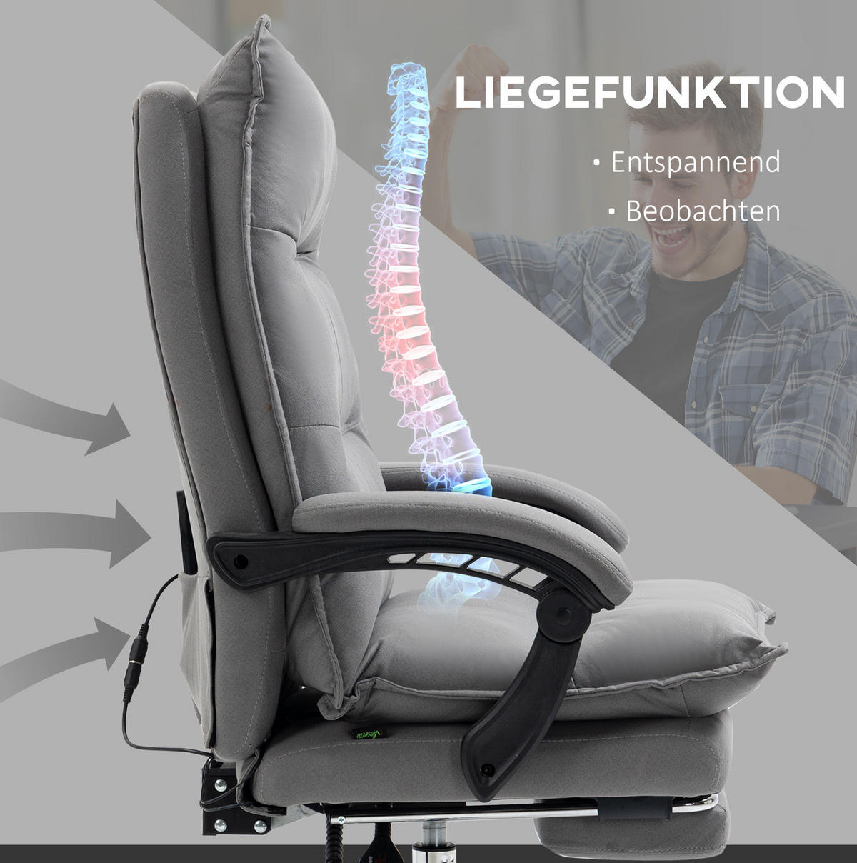 DREHSTUHL, Massage & Heizfunktion, ergonomisch, 66/74/114-121,5 cm, grau - Grau, Kunststoff (74/121.5/66cm) - Redom