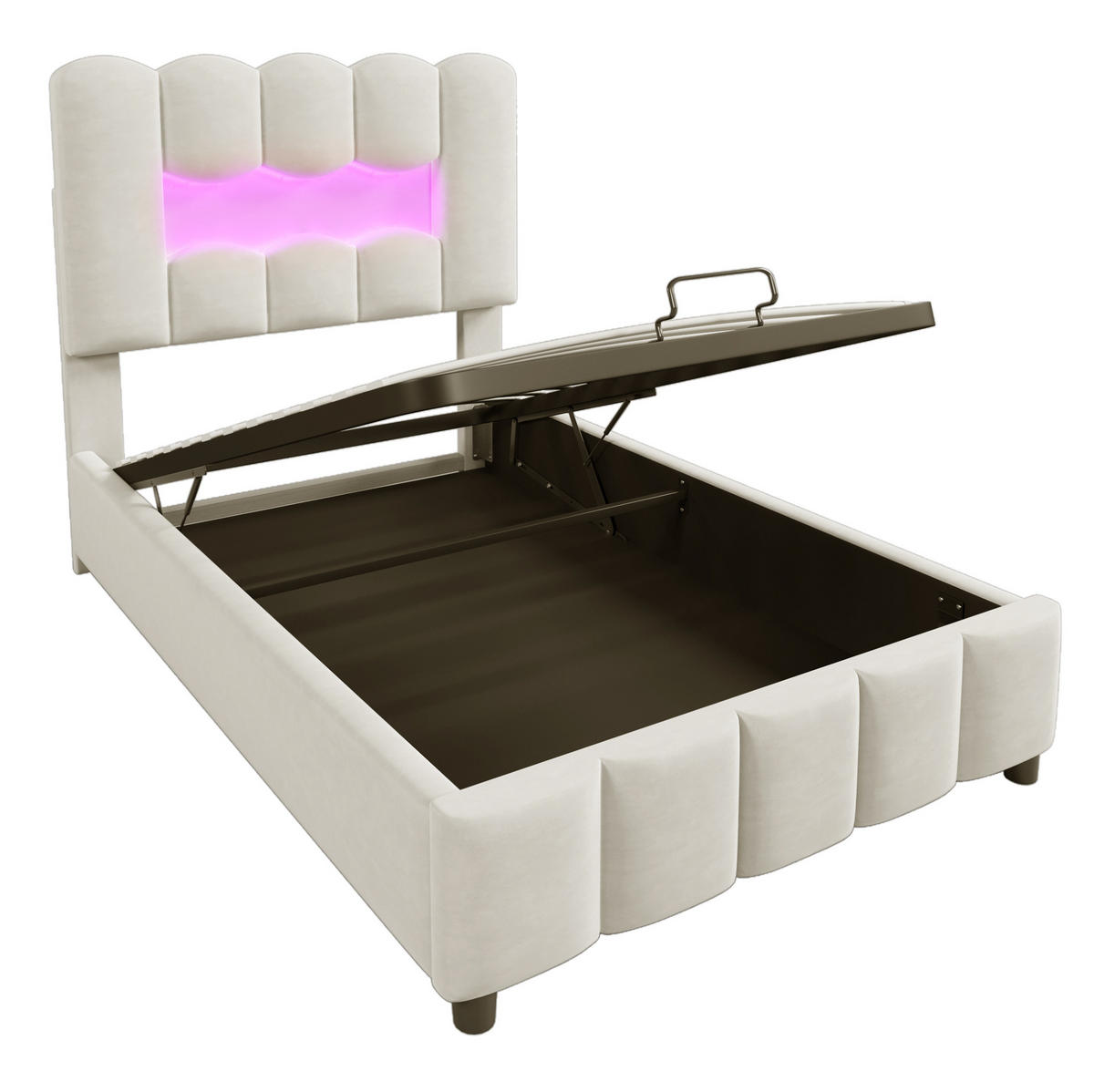 SAMT-POLSTERBETT 90/200 cm mit Bettkasten, LED-Beleuchtung & verstellbarem Kopfteil - Beige, Textil (90/200cm) - BEAOK