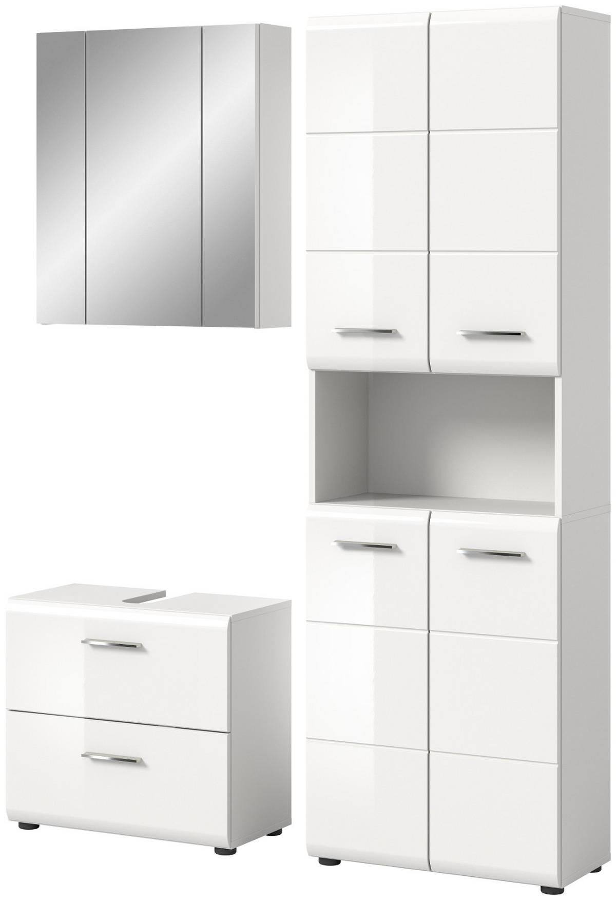 BADMÖBEL Set 3-teilig in weiß Hochglanz Badkombination 135 x 185 cm Cover - Weiß Hochglanz/Silberfarben, Glas/Holzwerkstoff (135/185/30cm) - Inn.Furn