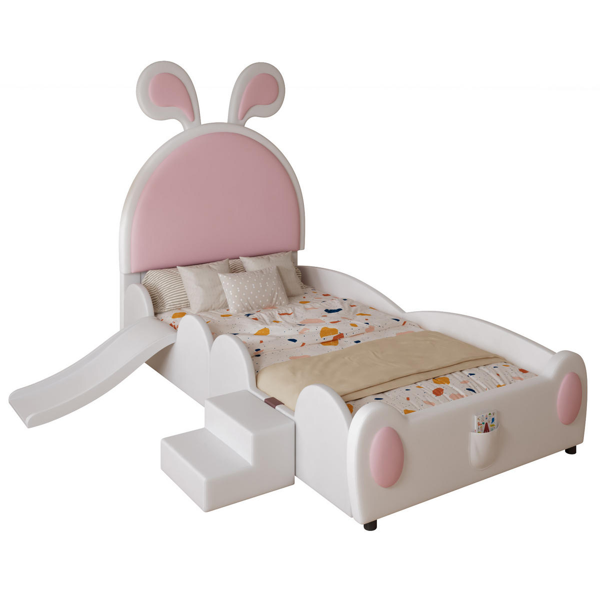 KINDERBETT 90/200 cm aus PU mit Rutsche, Treppe und Hasenohren-Kopfteil Weiß/Rosa - Rosa, Kunststoff (90/200cm) - Modenvie
