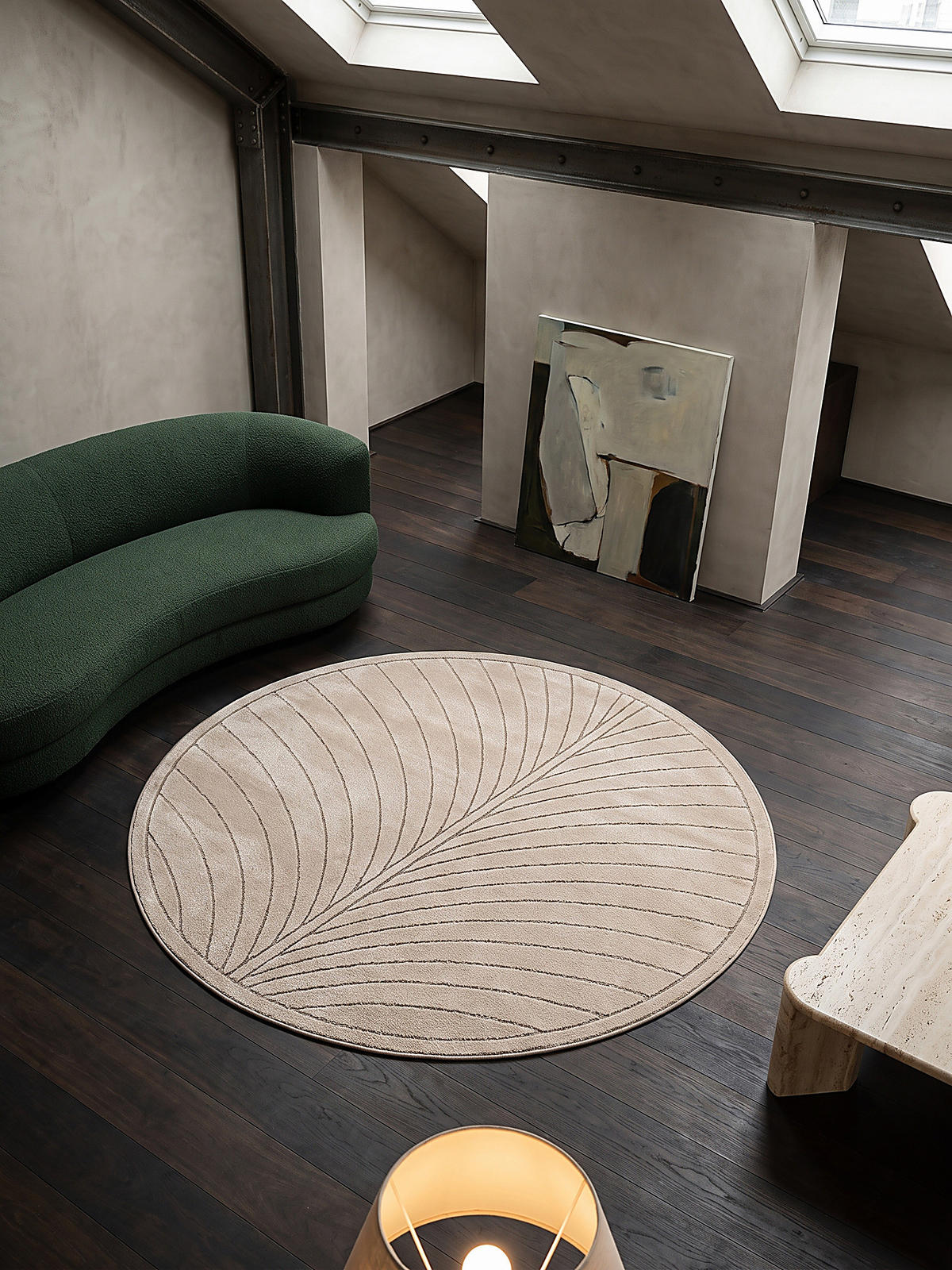 TEPPICH Outdoor, Fußbodenheizung-geeignet, mit Blattmotiv, aus Polypropylen, ENGADIN in Beige, Ø 120 cm - Beige, Textil (120/120cm) - KADIMA DESIGN