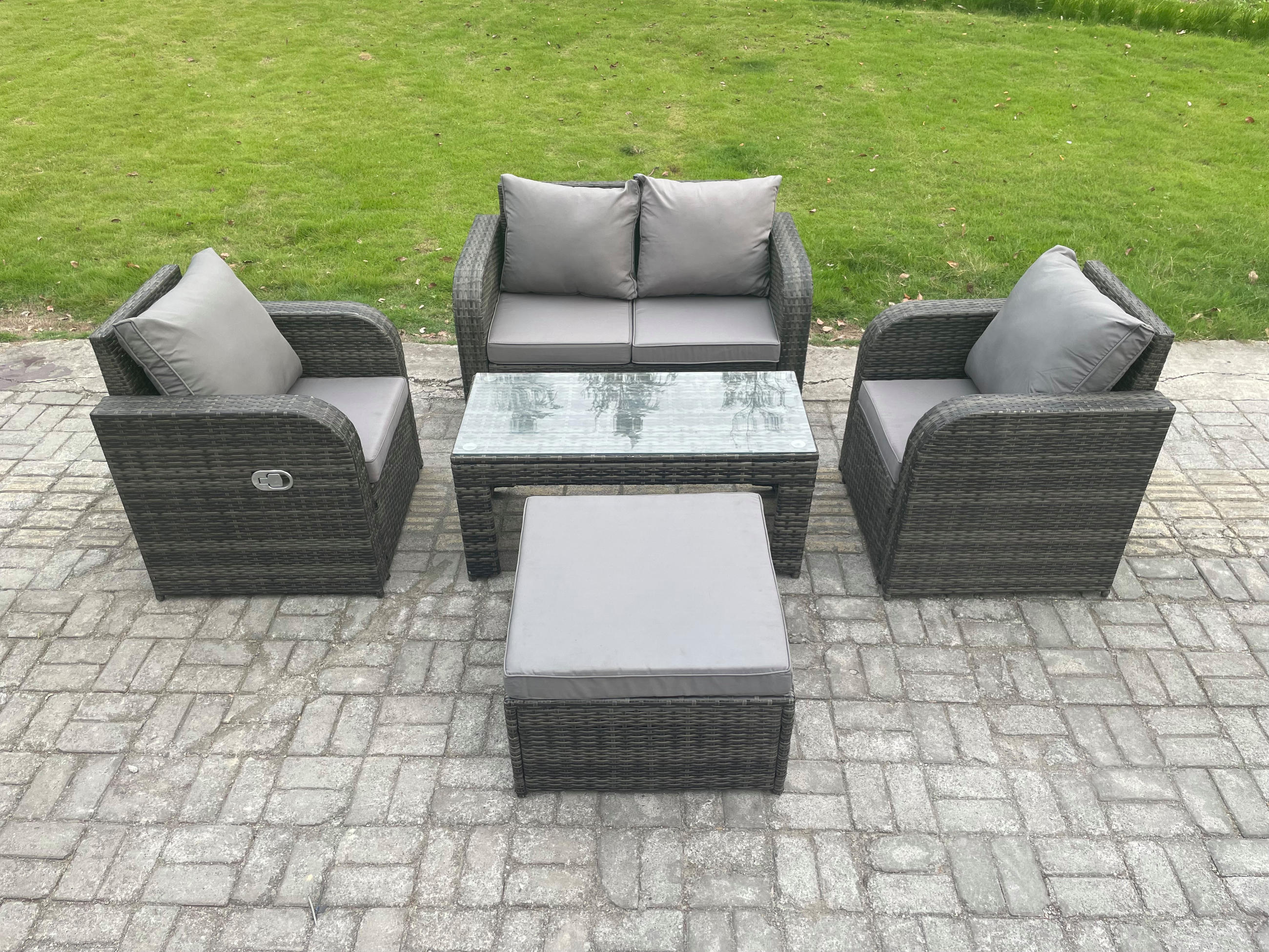 GARTENSOFA SET mit COUCHTISCH Polyrattan 5-Sitzer - Dunkelgrau/Grau, Glas/Kunststoff - Fimous