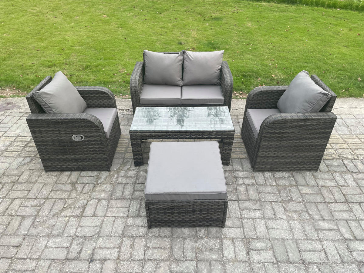 GARTENSOFA SET mit COUCHTISCH Polyrattan 5-Sitzer - Dunkelgrau/Grau, Glas/Kunststoff - Fimous