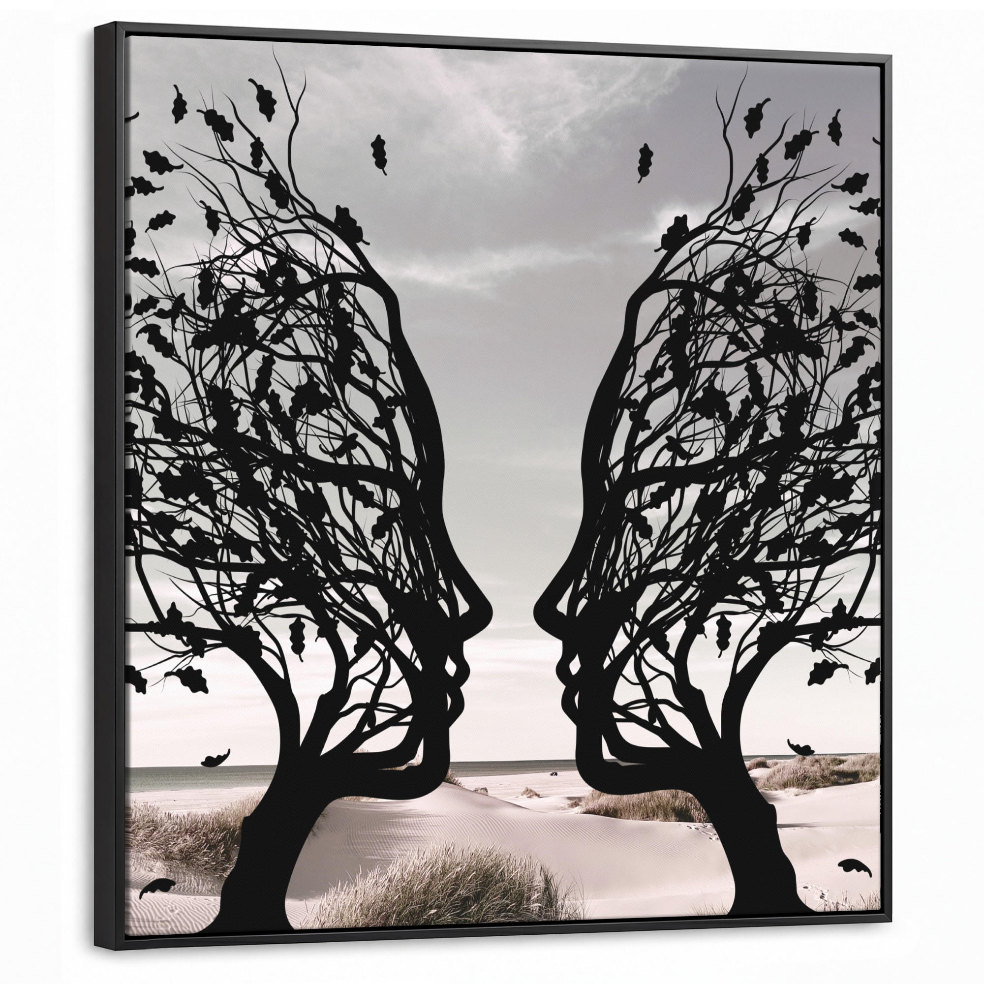 LEINWAND Bilder mit Rahmen - Strand - Meer - Menschen - Baum - Moderne Kunst - 90x90 - Hellgrau, Textil (90/90cm) - MuchoWow