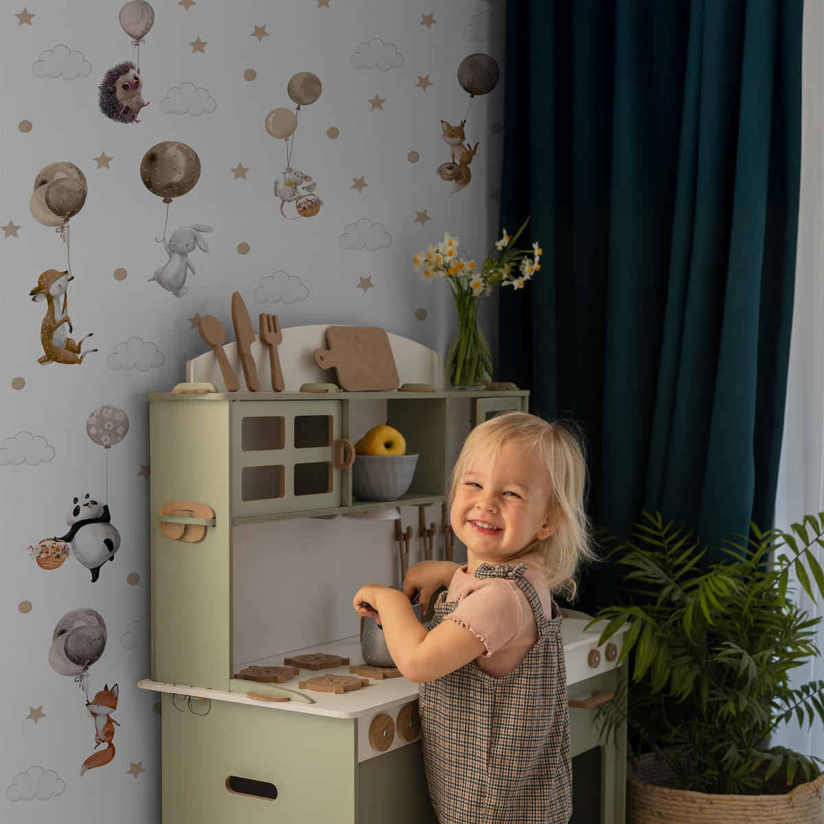 AUFKLEBER SET Tiere Ballons Wolken Sterne Punkte 120x60 - Beige/Schwarz, Papier (120/60/1cm) - Muralo