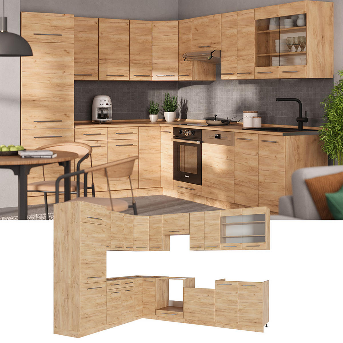 ROHOVÁ KUCHYŇ Fame-Line Zlatý mocný dub - medově dubová, kompozitní dřevo (227/81.6/60cm) - Vicco