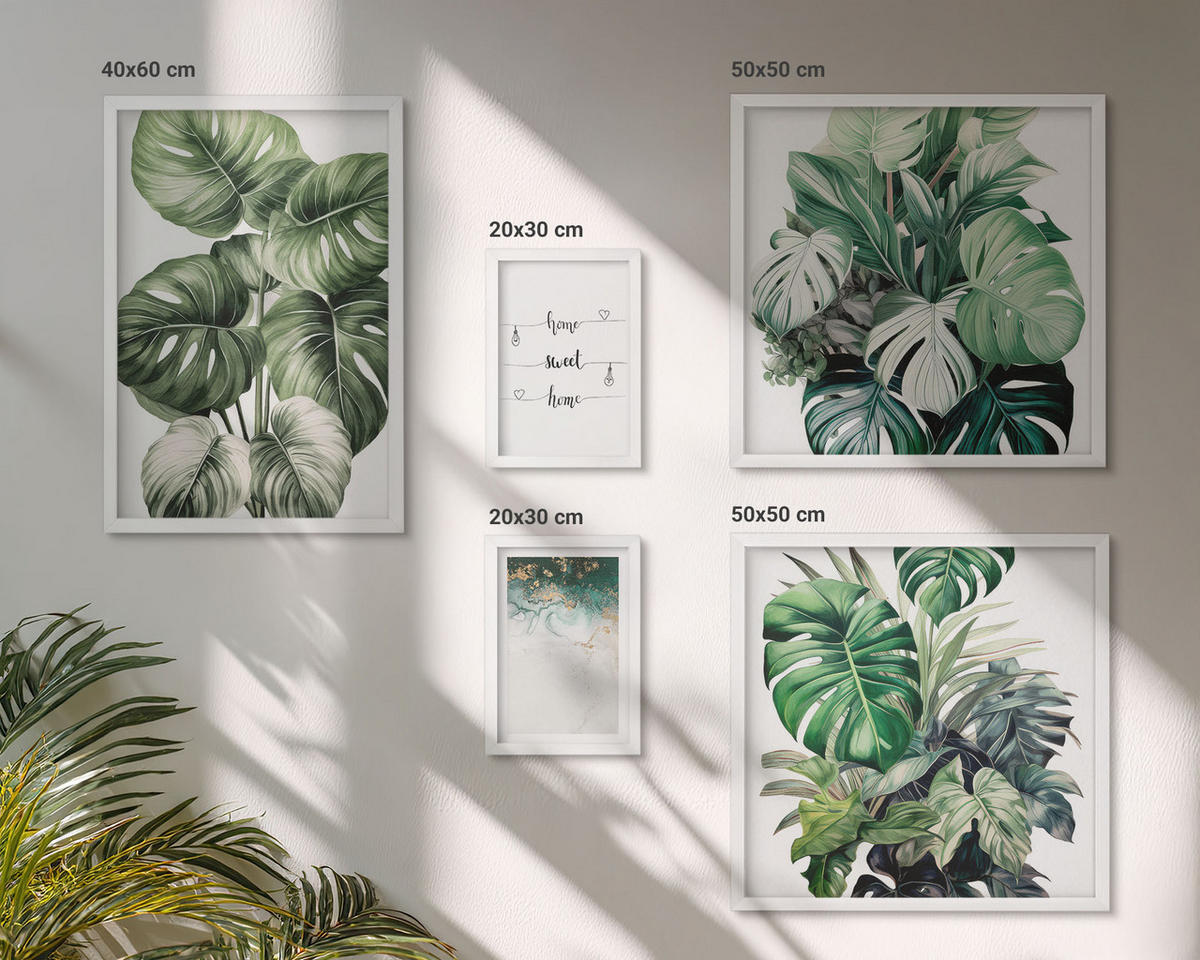 WANDBILDER 5er-Set - 50x50 cm & 20x30 cm & 40x60 cm Weißer Rahmen - Aquarell-Monstera-Blätter - Weiß, Kunststoff (40/60cm) - ArtPrintCave