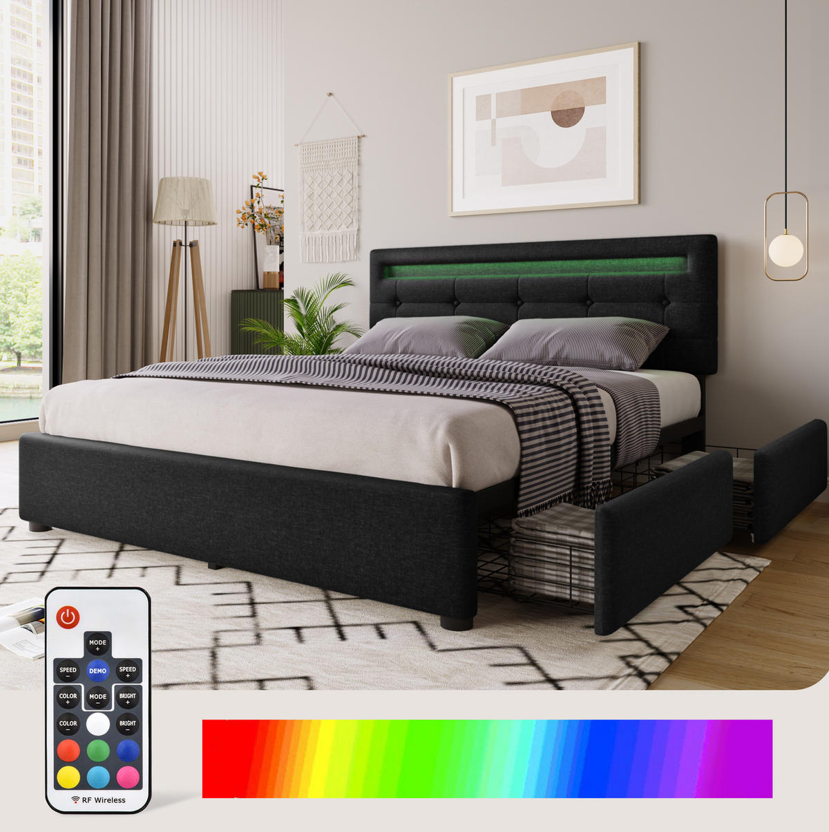 POLSTERBETT 140/200 cm Schwarz aus Leinen mit LED-Beleuchtung und 4 Schubladen - Schwarz, Textil (140/200cm) - OKMYHOME