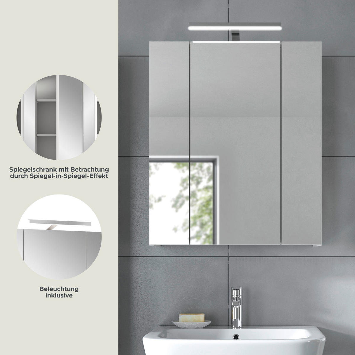 SPIEGELSCHRANK inkl. Beleuchtung LINUS (B/H/T: ca. 60/71/19 cm) in Weiß/Spiegelglas - Weiß, Holzwerkstoff (60/71/19cm)