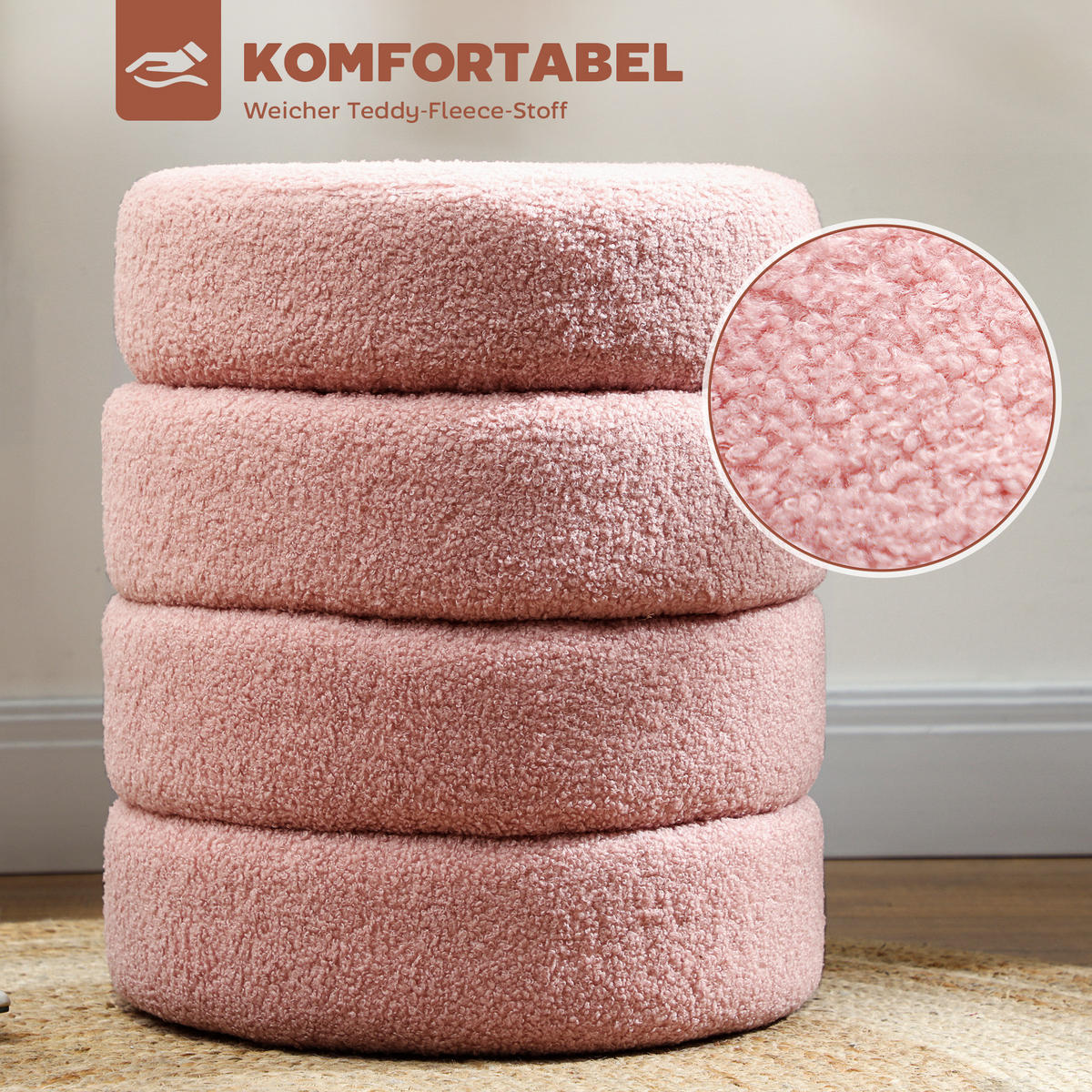 SITZHOCKER, Fußhocker, Runder Polsterhocker, Fußstütze mit Sitzkissen - Rosa/Naturfarben, Holz/Textil (40/45/40cm) - HOMCOM