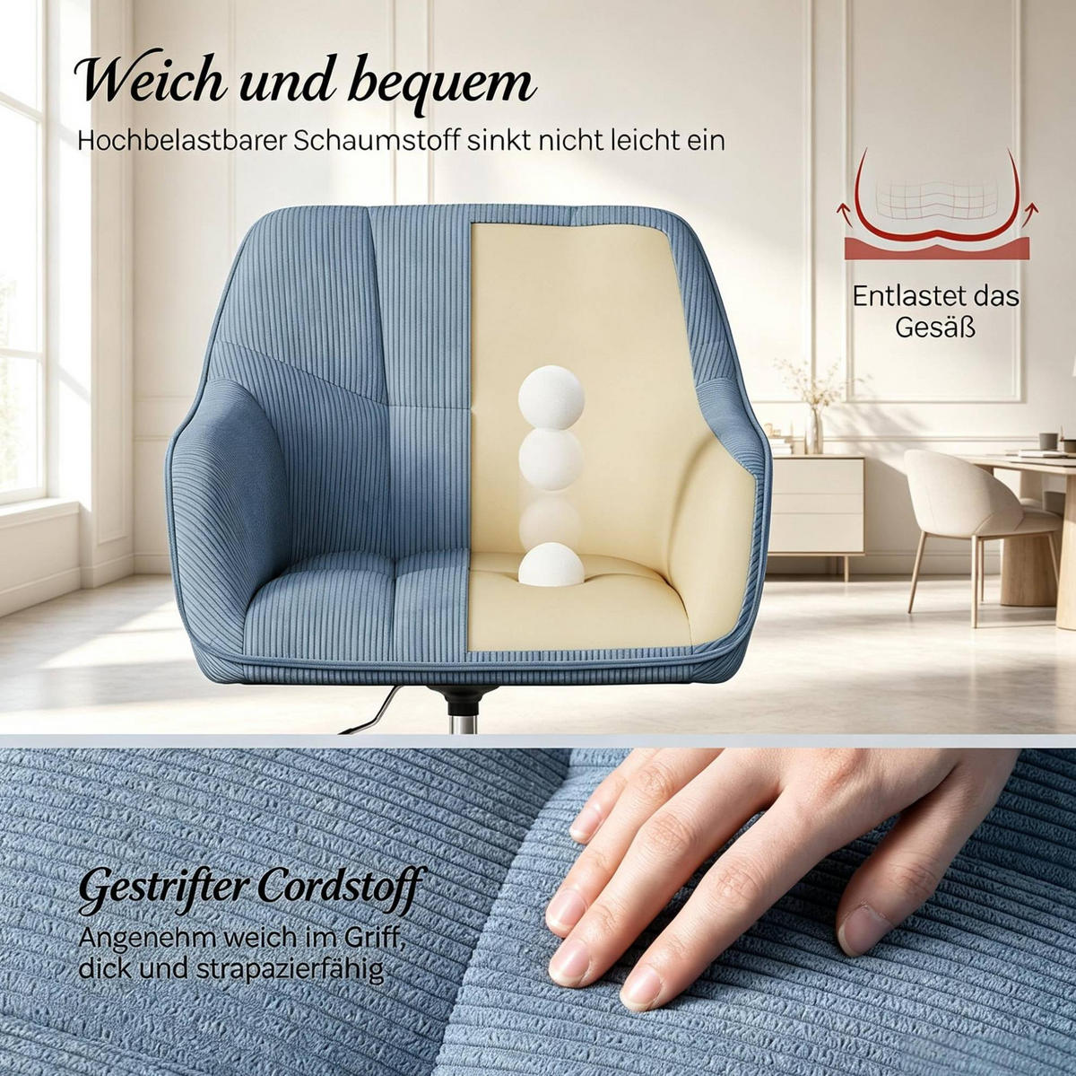 BÜROSTUHL in Blau 56x40x90 cm, höhenverstellbar und um 360° drehbar - Blau, Textil (40/90/56cm) - IVMEU