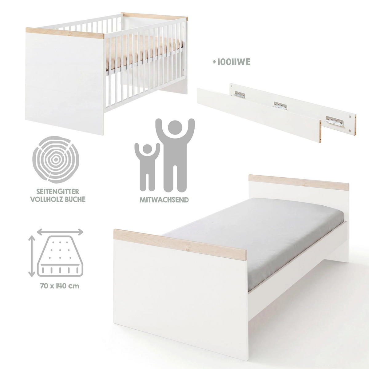 KINDERBETT Jimmy Weiß / Eiche - Eichefarben/Weiß, Holzwerkstoff (70/140cm) - Roba