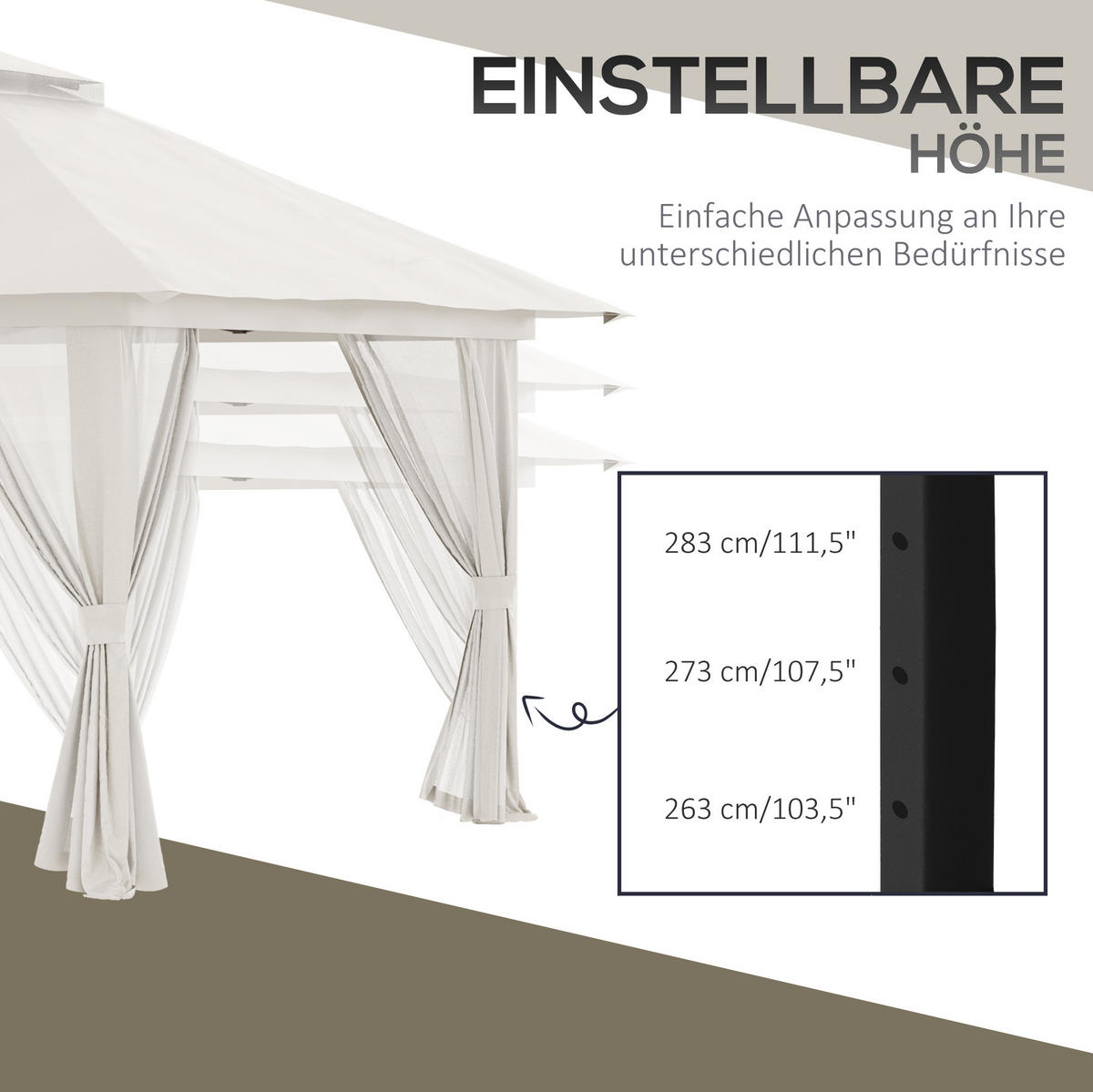 FALTPAVILLON 392/392/283 cm höhenverstellbar mit Doppeldach, UV50+-Schutz und Oxford-Polyesterdach, Cremeweiß - Weiß, Textil (392/283/392cm) - Redom