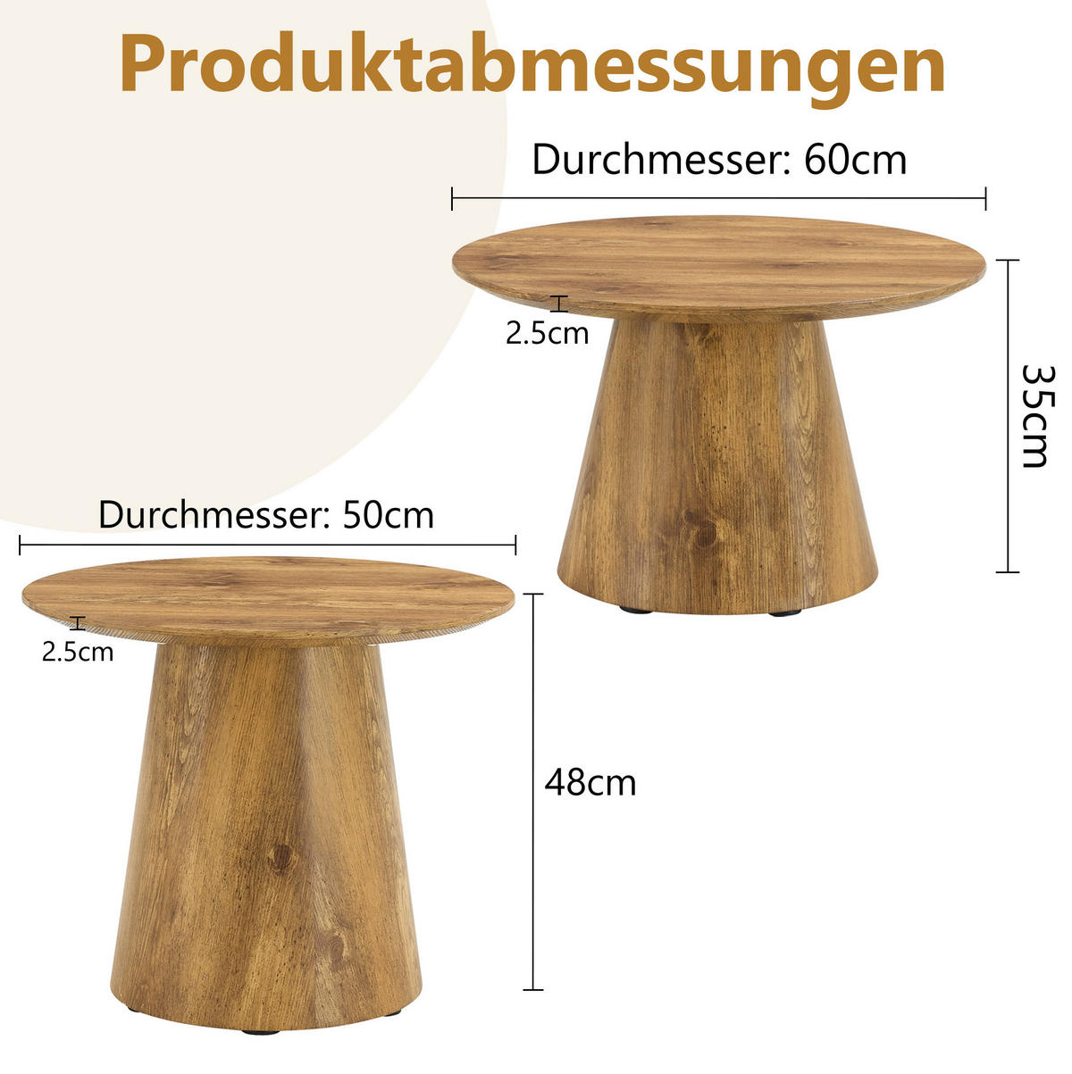 SADA konferenčních stolků 50/50/48 cm a 60/60/35 cm, 2 kulaté stolky s pevnou MDF deskou, dekor dřeva - přírodní, kompozitní dřevo (50/50/48cm) - Redom