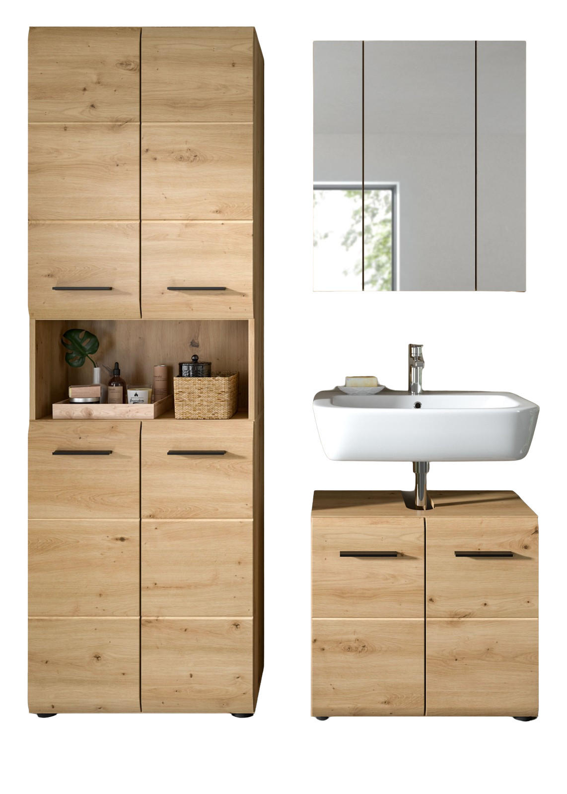 BADMÖBEL SET 3-teilig in Artisan Eiche, Badkombination 135 x 185 cm, Cover - Schwarz/Eiche Artisan, Glas/Holzwerkstoff (135/185/30cm) - Inn.Furn