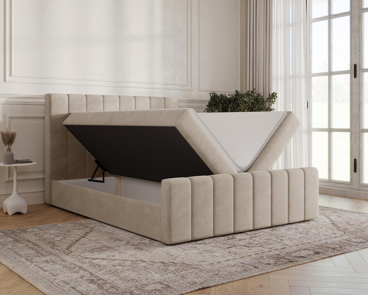 BOXBETT 01 BIS 180 x 200 cm - Manila - Modernes Polsterbett mit Bettkasten inkl. PU-Schaum-Topper und Federmechanismus - Beige, Holz (180/200cm) - ROYAL24_MARKT