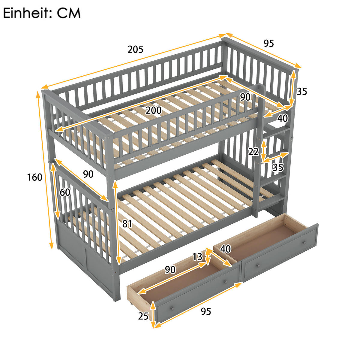 ETAGENBETT 90/200 cm Grau aus Kiefer mit 2 Schubladen - Grau, Holz (90/200cm) - BEAOK